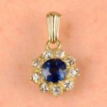 A late 19th century 15ct gold sapphire and old-cut diamond ring head, later mounted as a pendant.