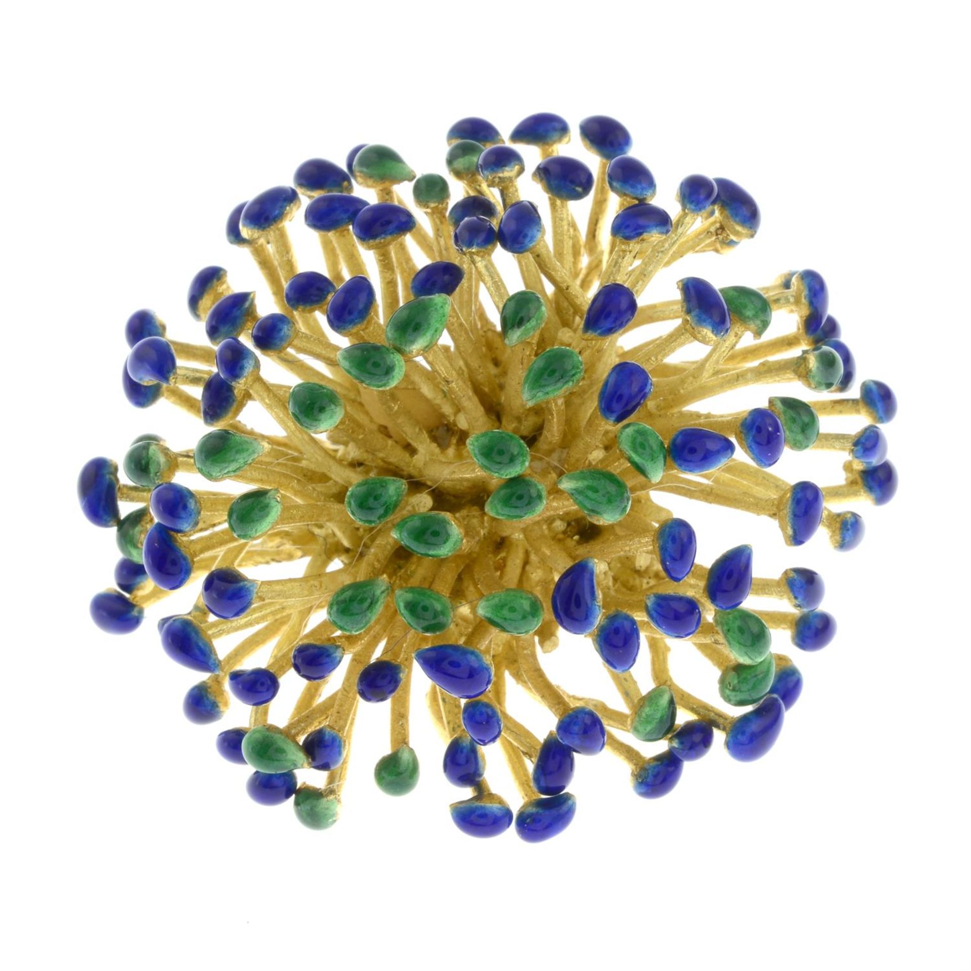 A mid 20th century 18ct gold organic form green and blue enamel multi stem brooch, by W Teller. - Image 2 of 4