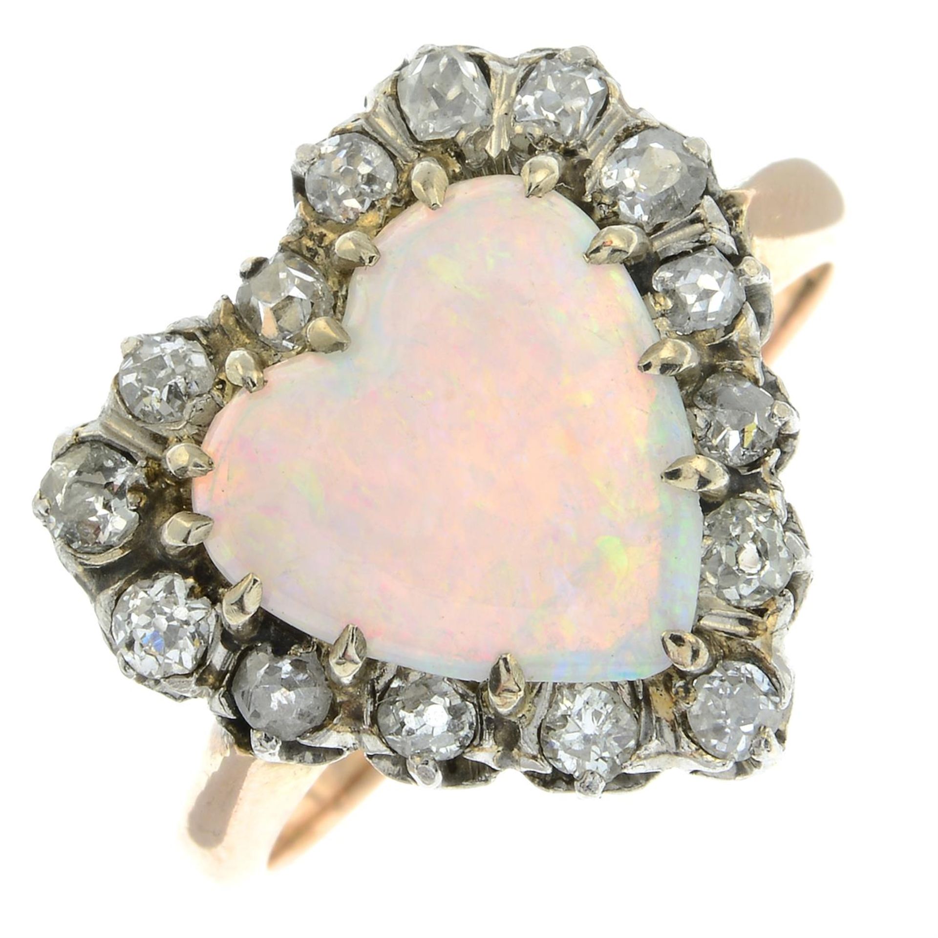 A mid 20th century platinum and 18ct gold heart-shape opal and old-cut diamond cluster ring. - Image 2 of 5