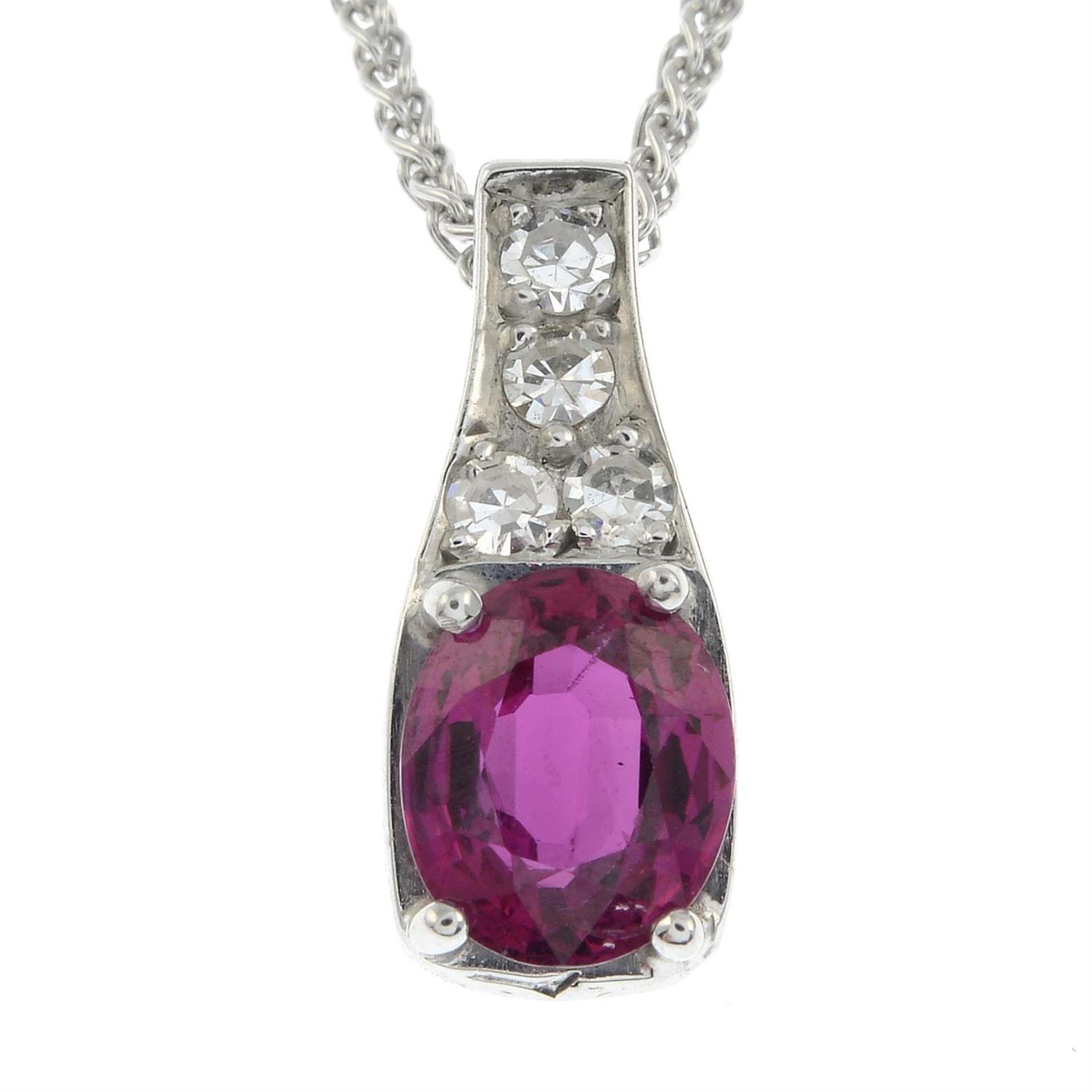 A ruby and diamond pendant, with 18ct gold chain. - Image 2 of 5