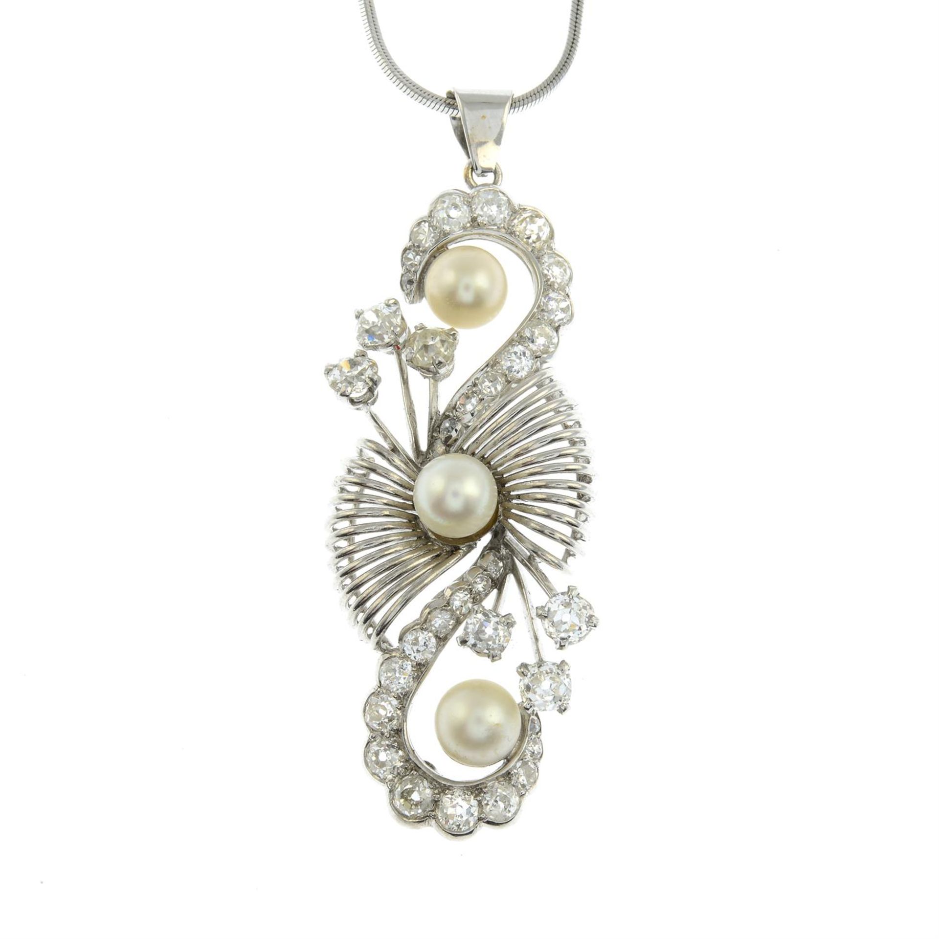 A mid 20th century cultured pearl and old-cut diamond pendant, with later chain. - Image 2 of 5