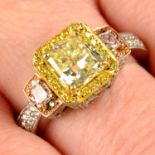 A platinum 'yellow' diamond, 'pink' diamond and near-colourless diamond dress ring.