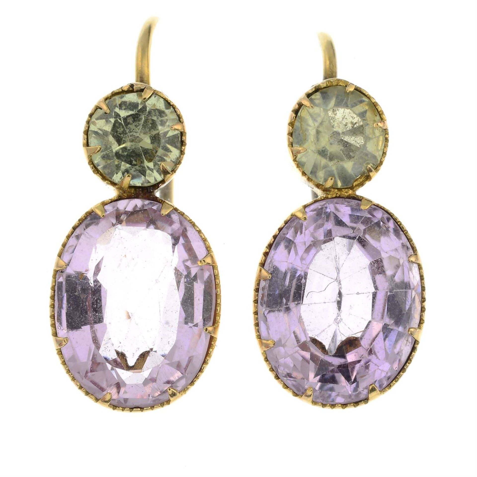 A pair of late 19th century 15ct gold pink topaz and chrysoberyl earrings. - Image 2 of 3