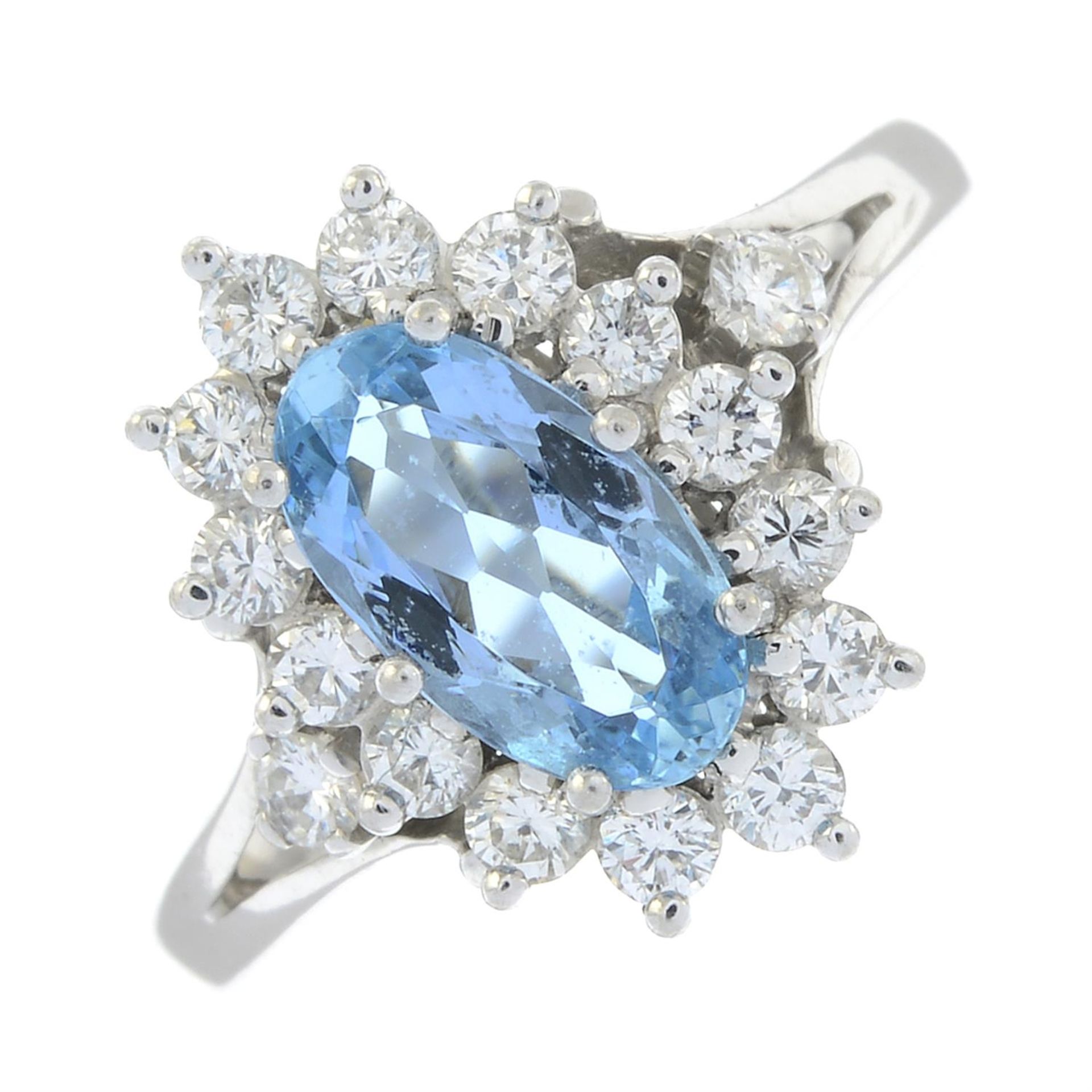 A platinum, aquamarine and brilliant-cut diamond cluster ring. - Image 2 of 5