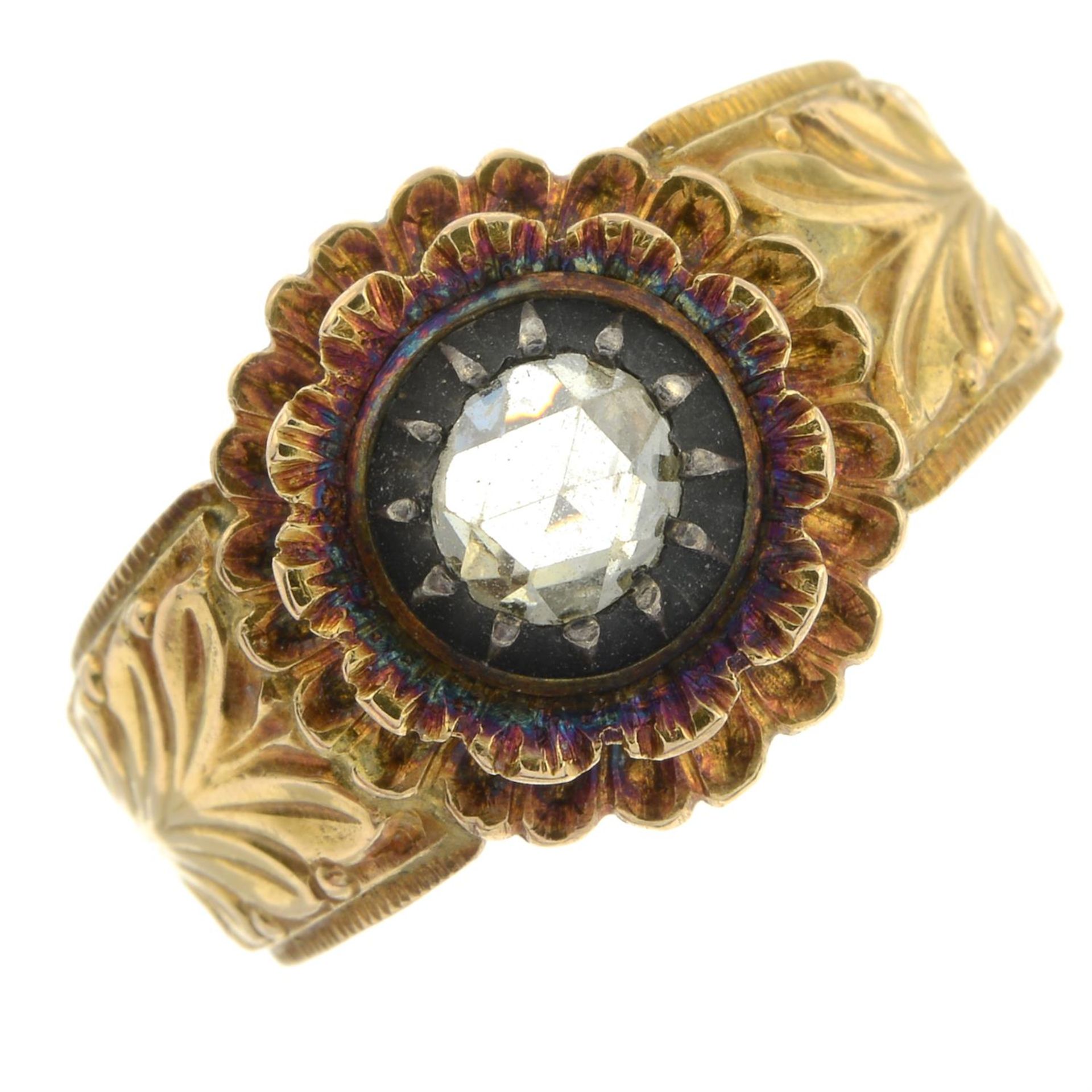 A 19th century 18ct gold rose-cut diamond floral ring, with foliate tapered band. - Image 2 of 5