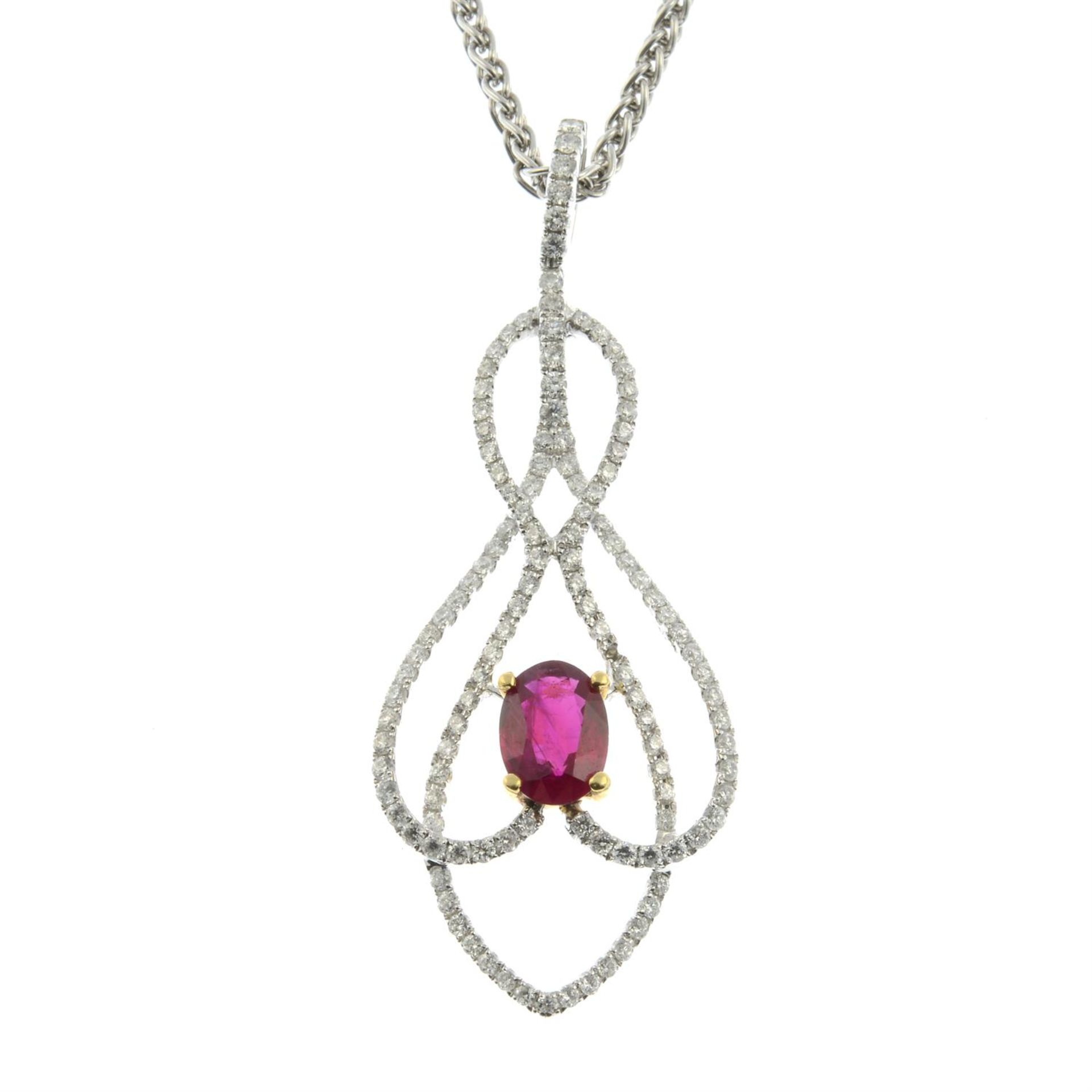 An 18ct gold ruby and diamond pendant, with chain. - Image 2 of 5