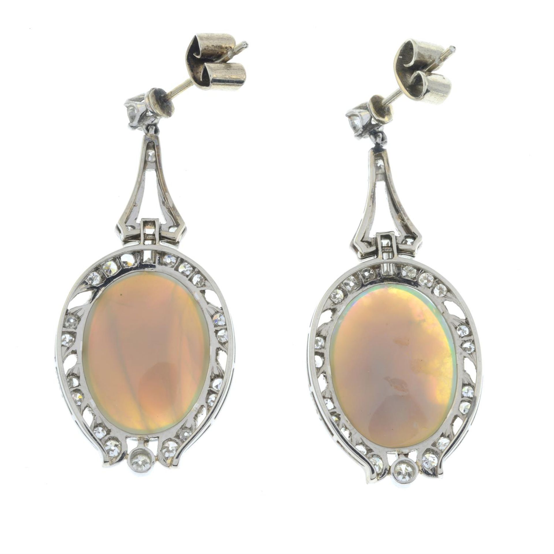 A pair of early 20th century platinum and 18ct gold opal and vari-cut diamond earrings. - Image 3 of 5