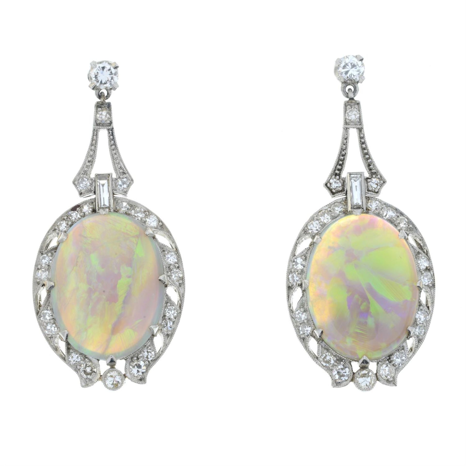 A pair of early 20th century platinum and 18ct gold opal and vari-cut diamond earrings. - Image 2 of 5