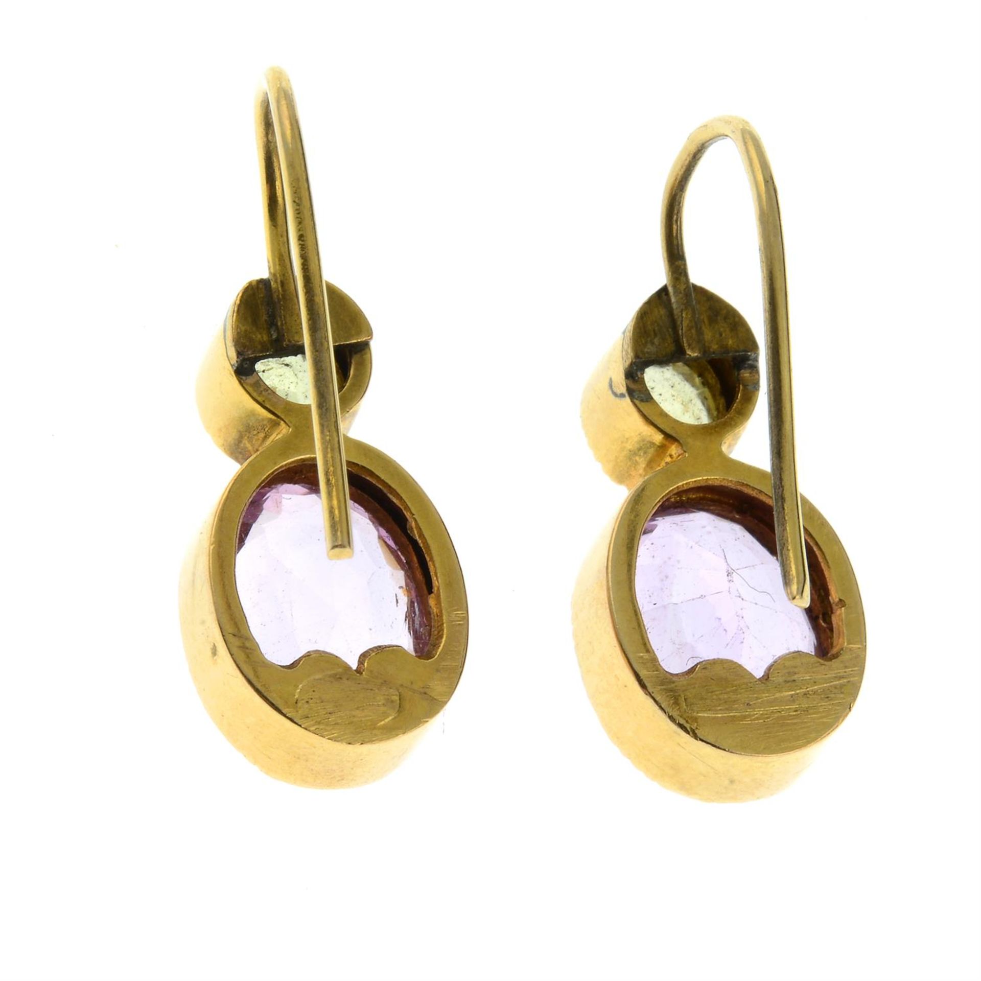 A pair of late 19th century 15ct gold pink topaz and chrysoberyl earrings. - Image 3 of 3