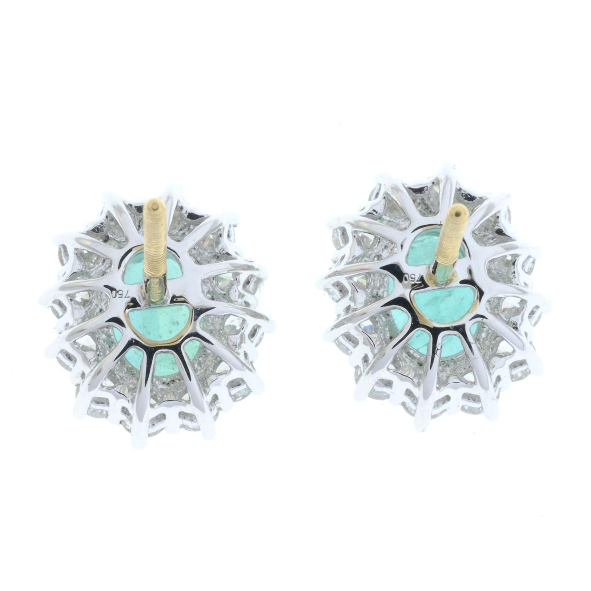 A pair of 18ct gold emerald and brilliant-cut diamond cluster earrings. - Image 3 of 4