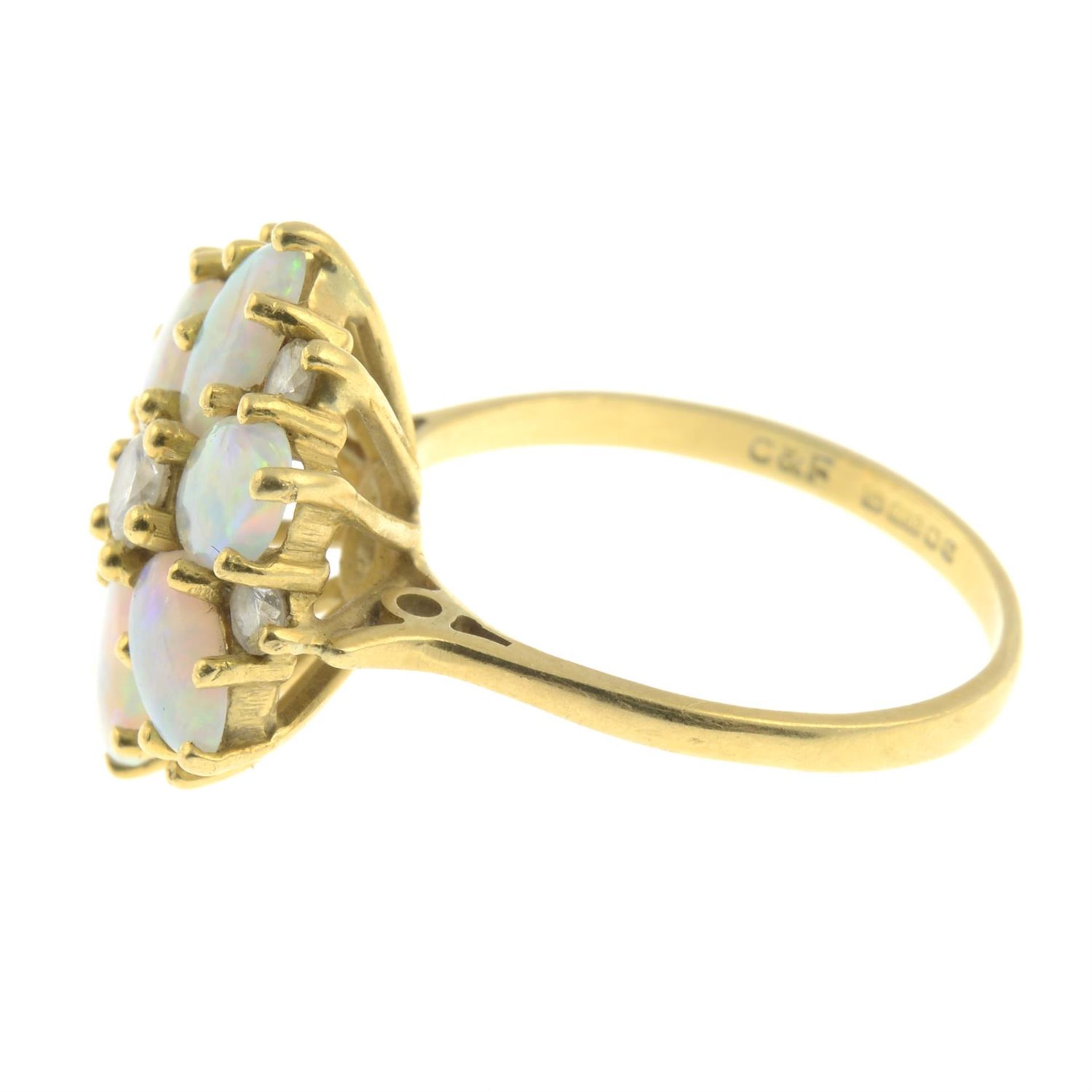 An 18ct gold opal and brilliant-cut diamond floral cluster ring, by Cropp & Farr. - Image 3 of 5