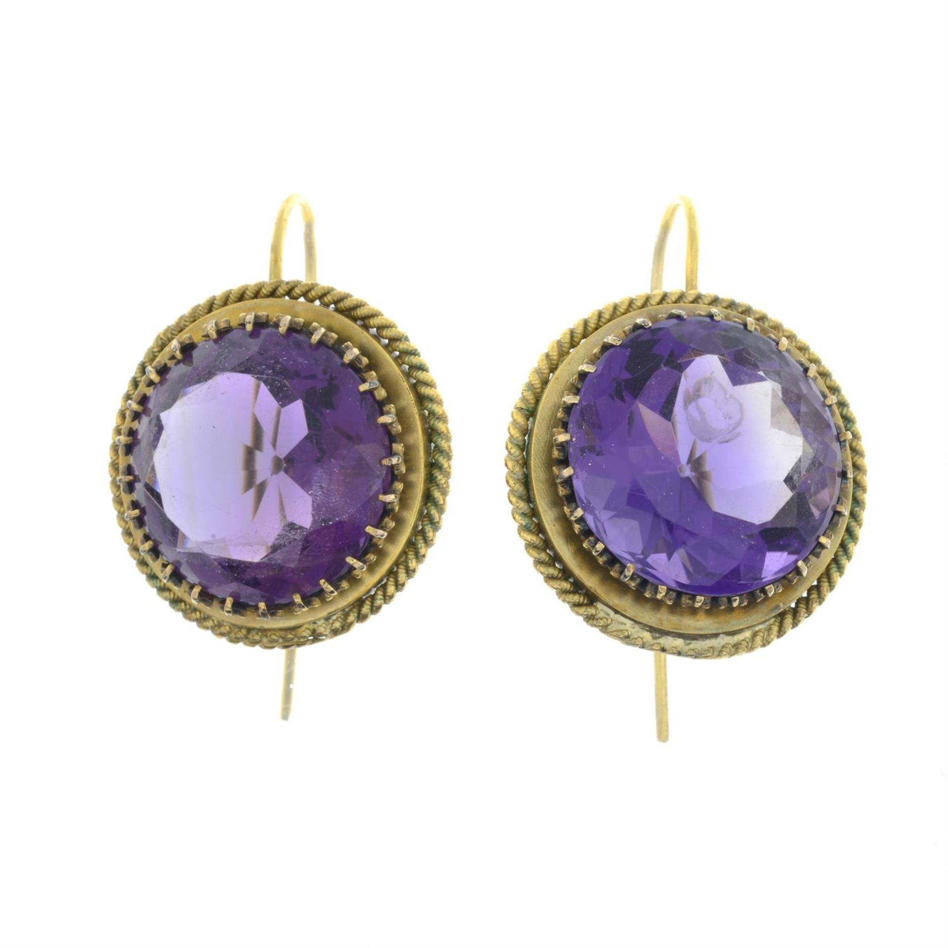 A pair of late 19th century gold amethyst earrings. - Image 2 of 4