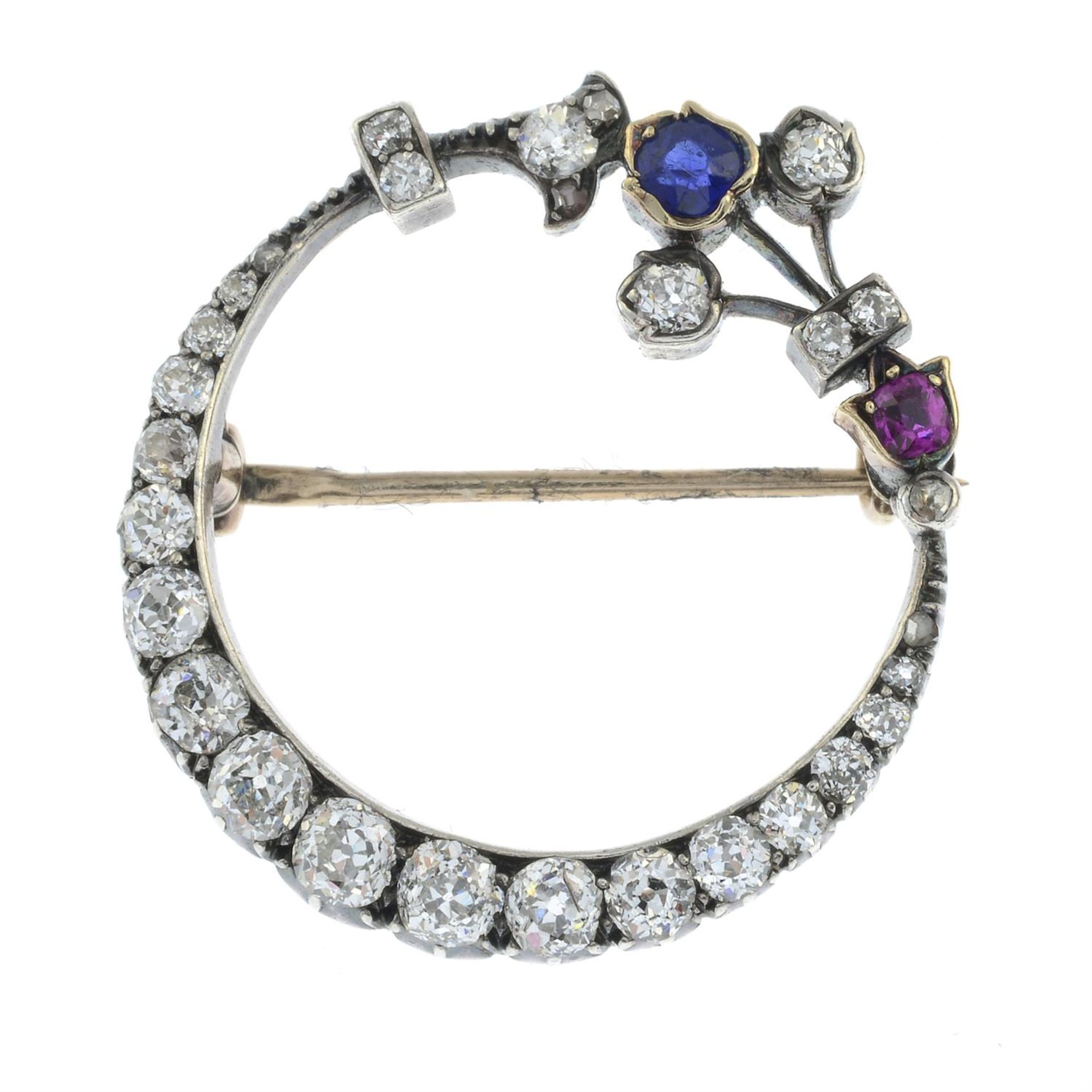 A late 19th century silver and gold, old-cut diamond, sapphire and ruby crescent brooch. - Image 2 of 4