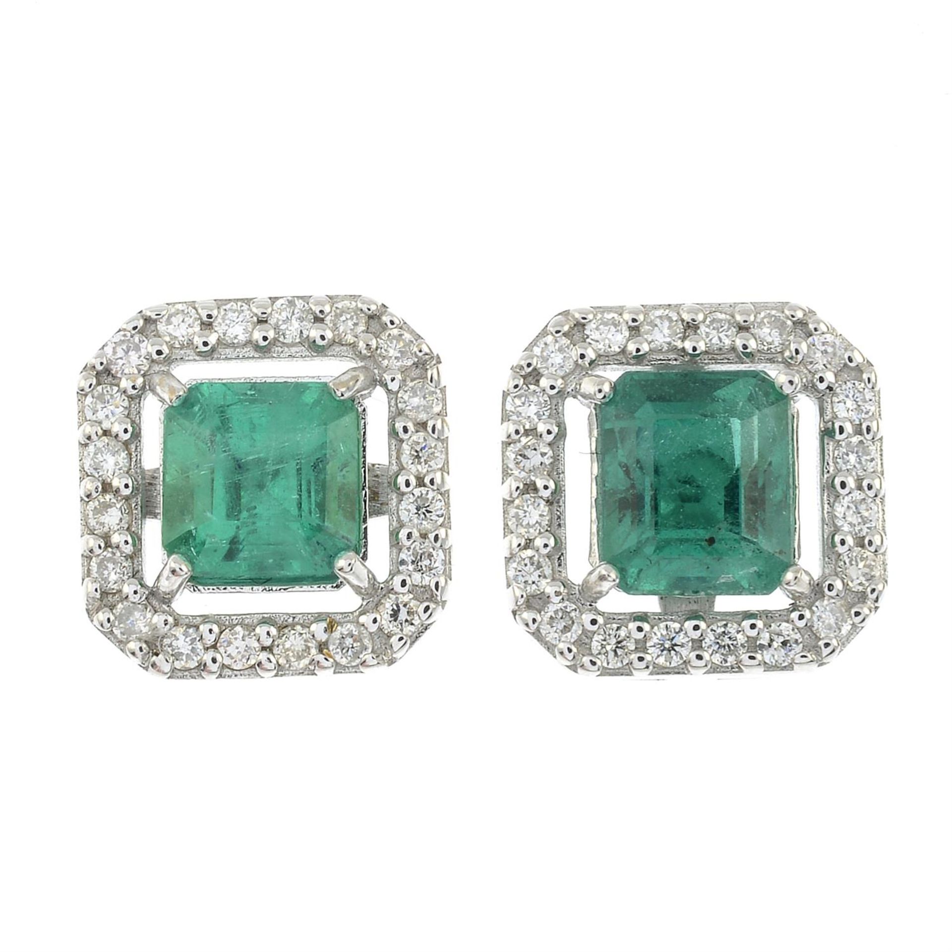A pair of emerald and circular-cut diamond cluster earrings. - Image 2 of 3