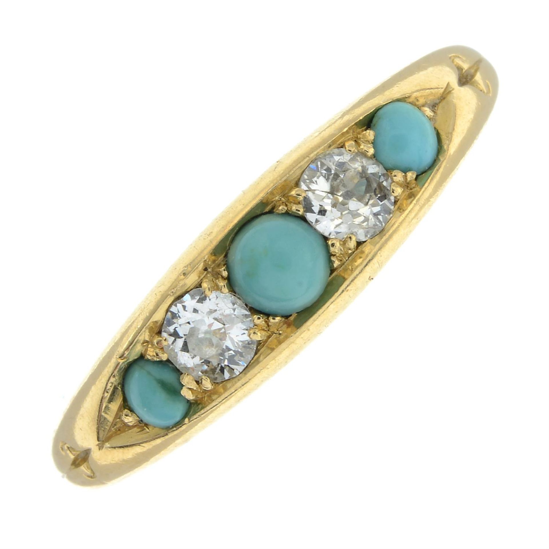 A late Victorian 18ct gold turquoise and old-cut diamond five-stone ring. - Image 2 of 5