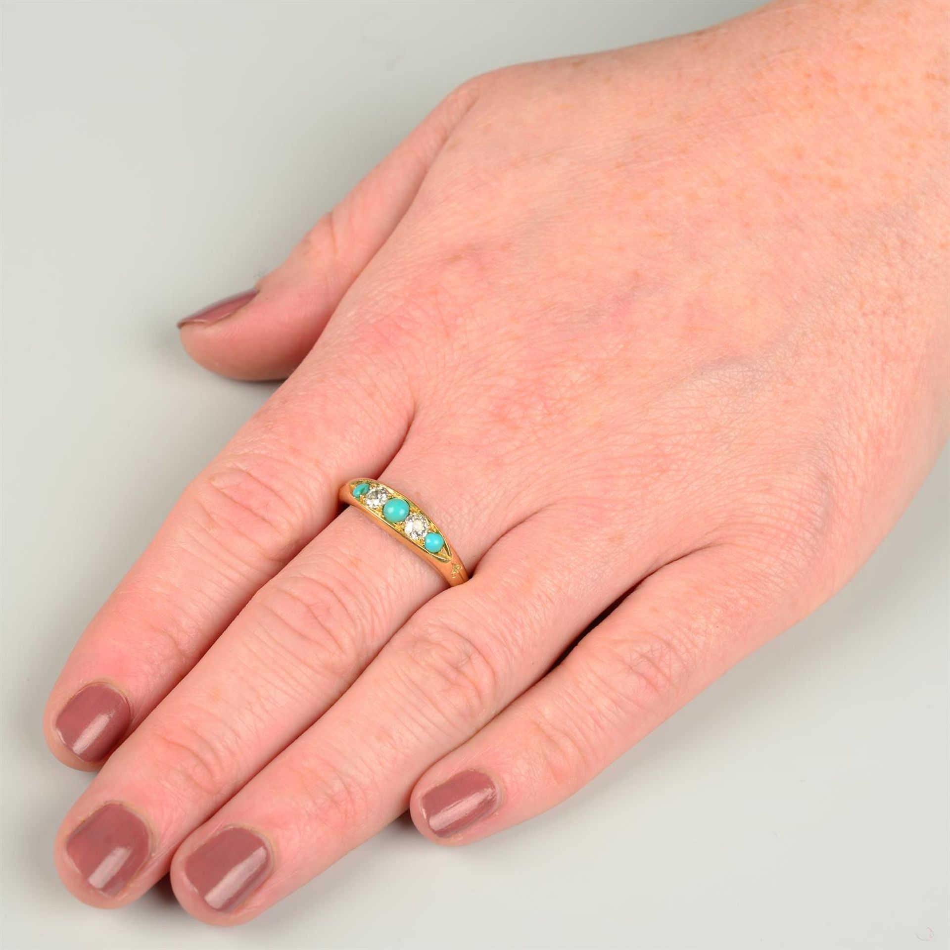 A late Victorian 18ct gold turquoise and old-cut diamond five-stone ring. - Image 5 of 5