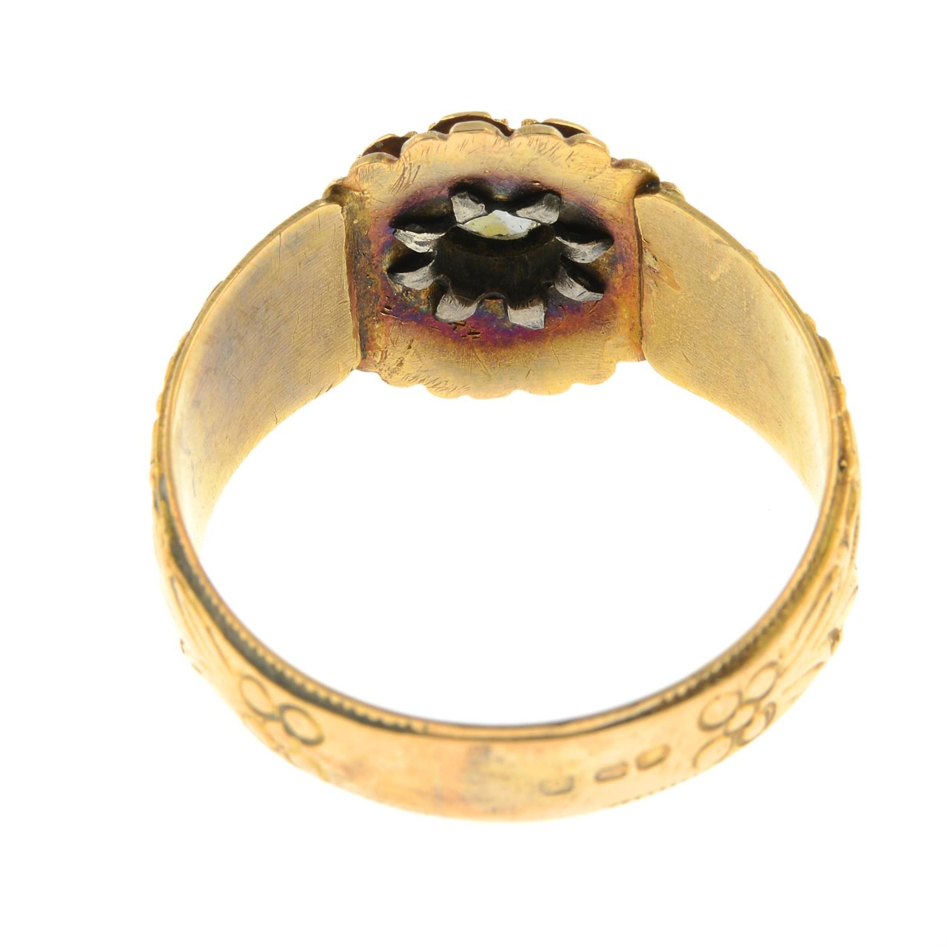 A 19th century 18ct gold rose-cut diamond floral ring, with foliate tapered band. - Image 4 of 5