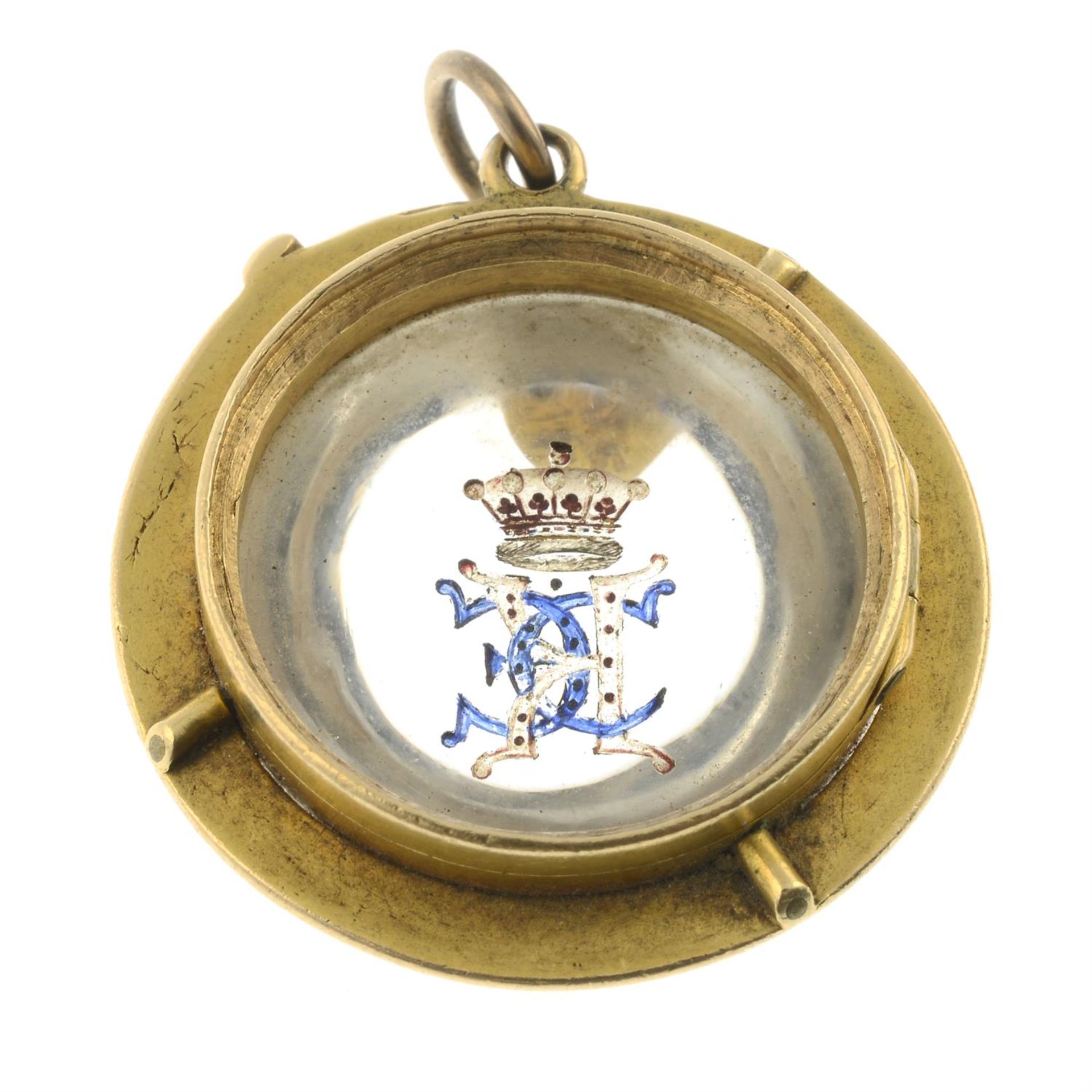 A late 19th century 18ct gold snake locket, the rock crystal reverse carved and painted with - Image 3 of 4