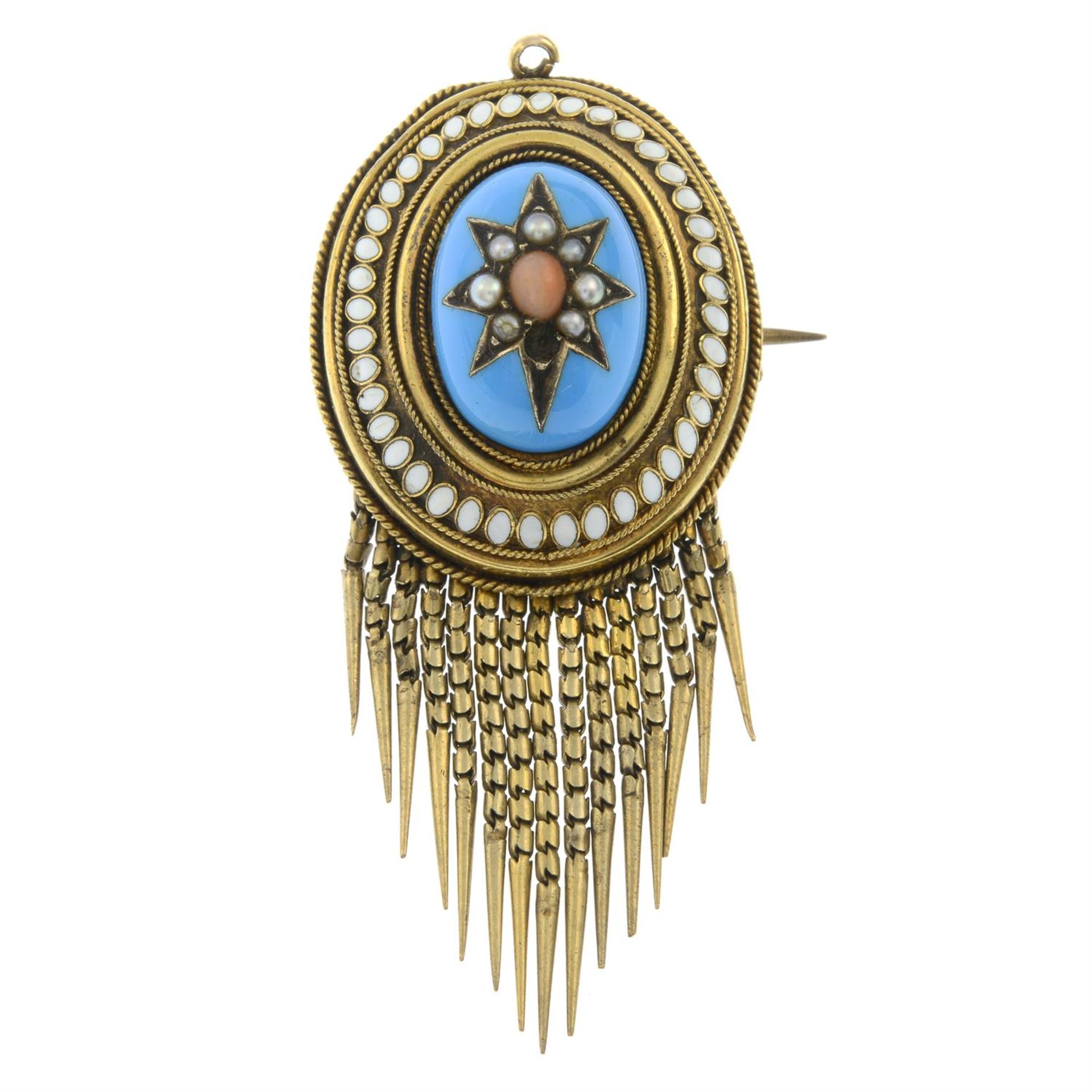 A late 19th century gold coral, split pearl and enamel brooch, with tassel. - Image 2 of 4