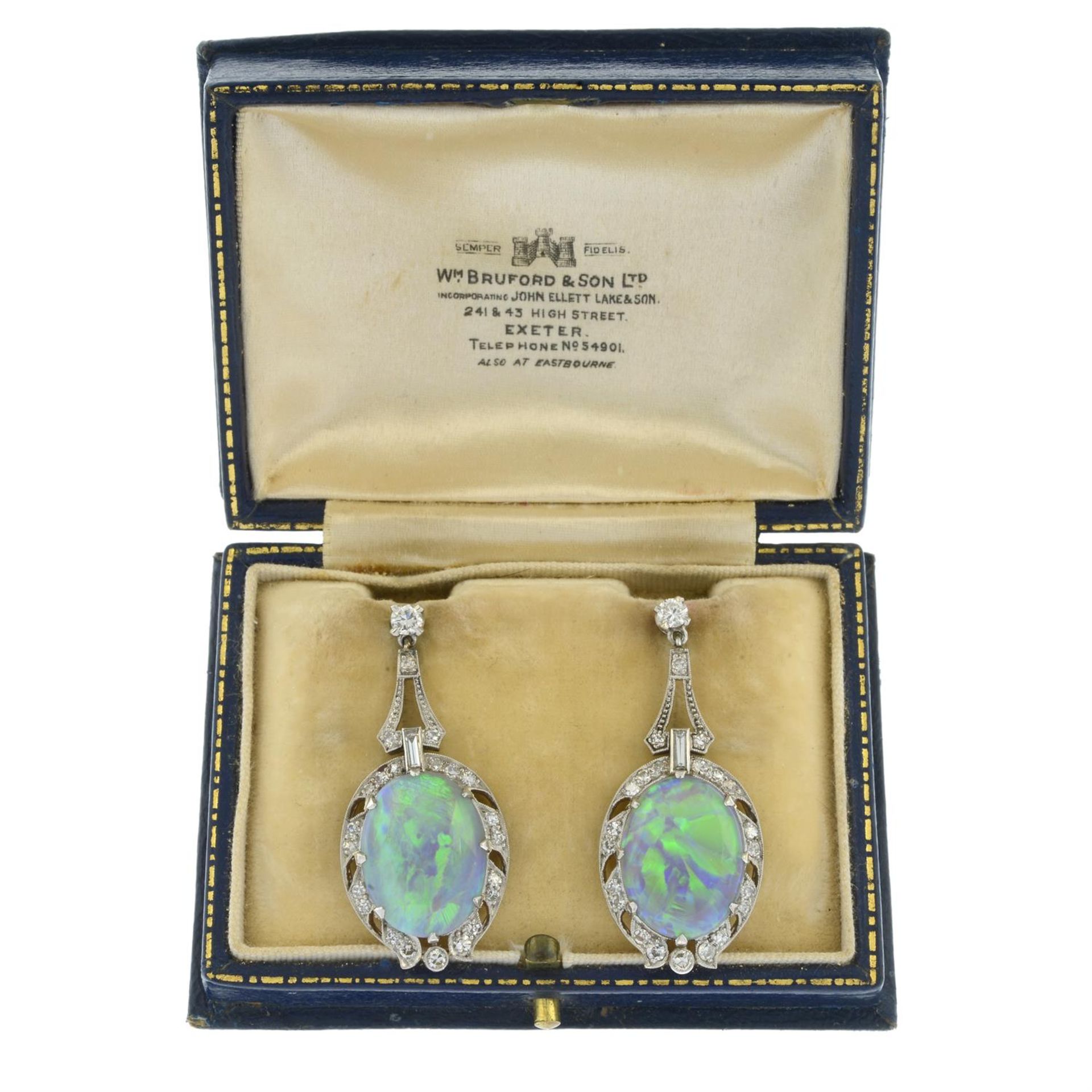 A pair of early 20th century platinum and 18ct gold opal and vari-cut diamond earrings. - Image 4 of 5