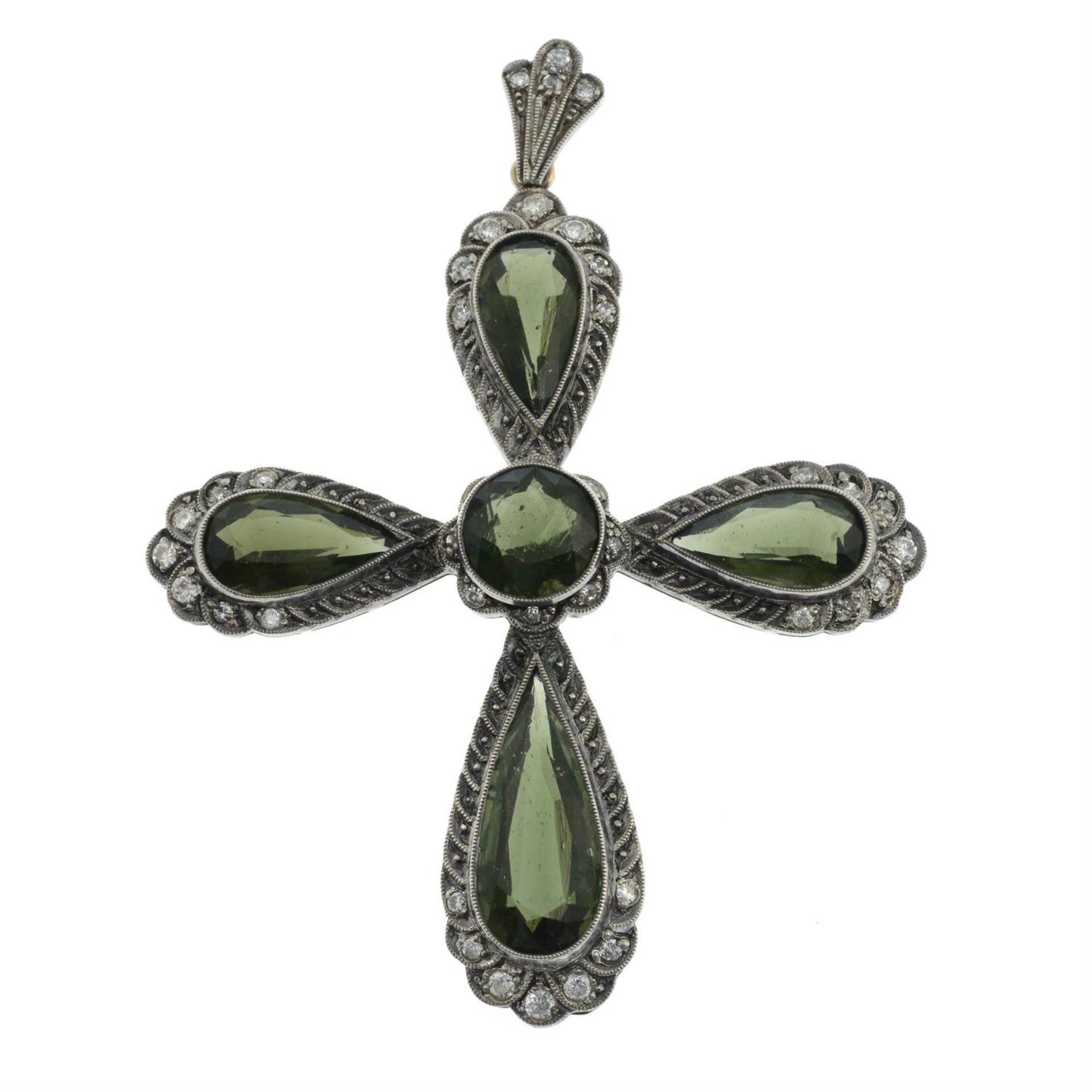 A moldavite and single-cut diamond cross pendant. - Image 2 of 4