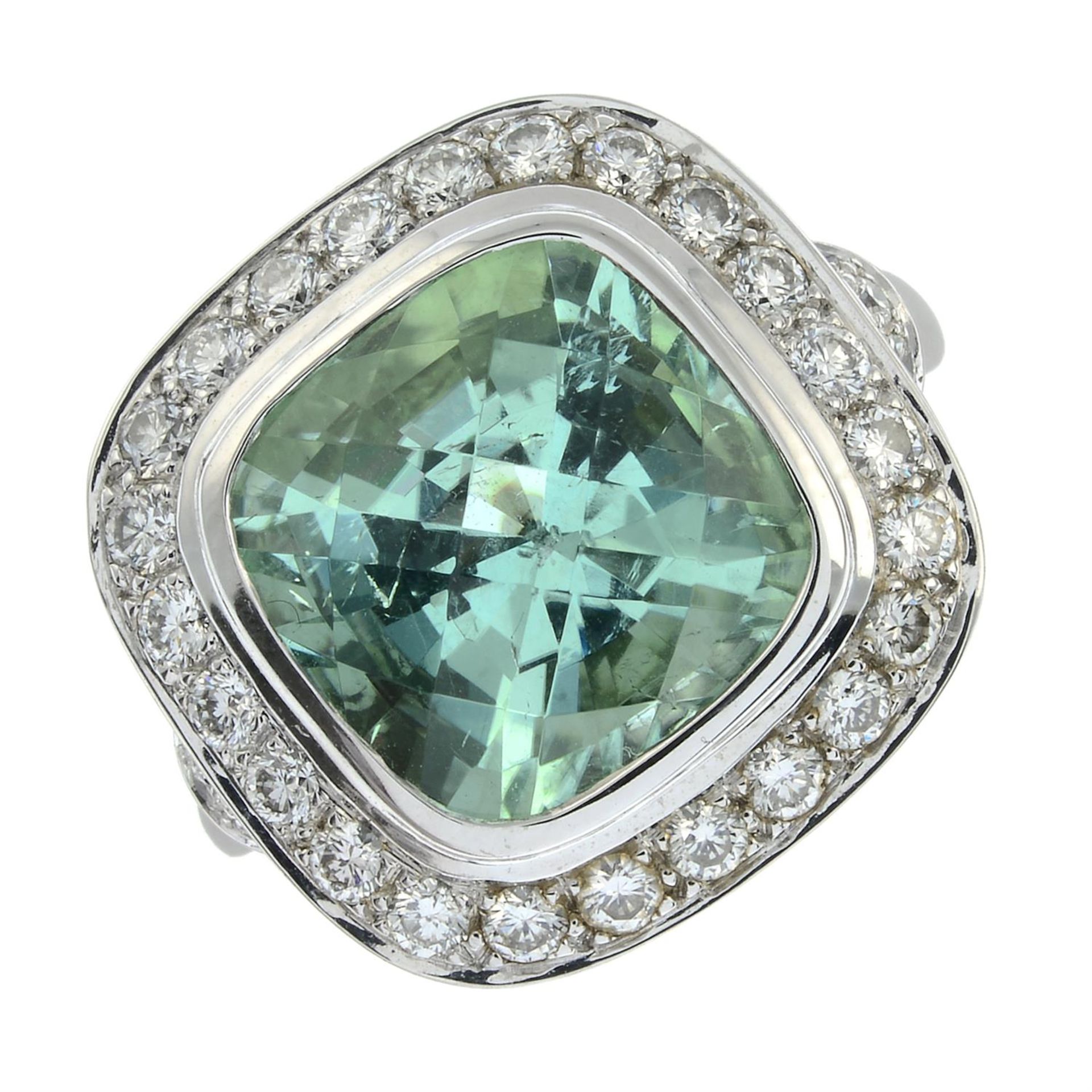 An 18ct gold bluish green tourmaline and diamond dress ring, with 'pink' diamond highlight, - Image 2 of 5