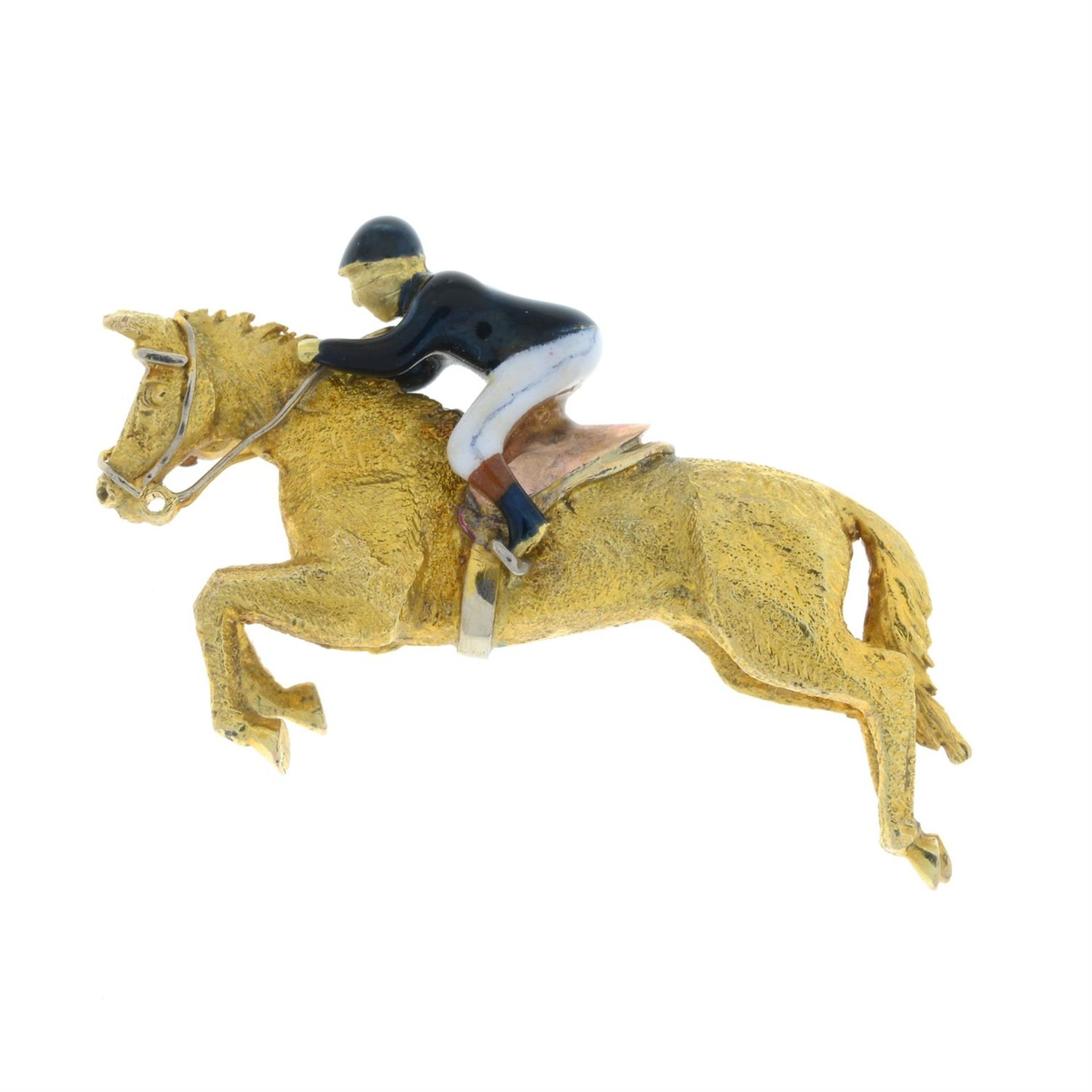 A 9ct gold and enamel brooch depicting a jockey on racehorse, by Alabaster & Wilson. - Image 2 of 4