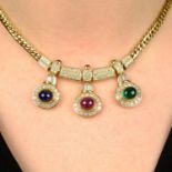 A ruby, sapphire and emerald cabochon and pavé-set diamond necklace.