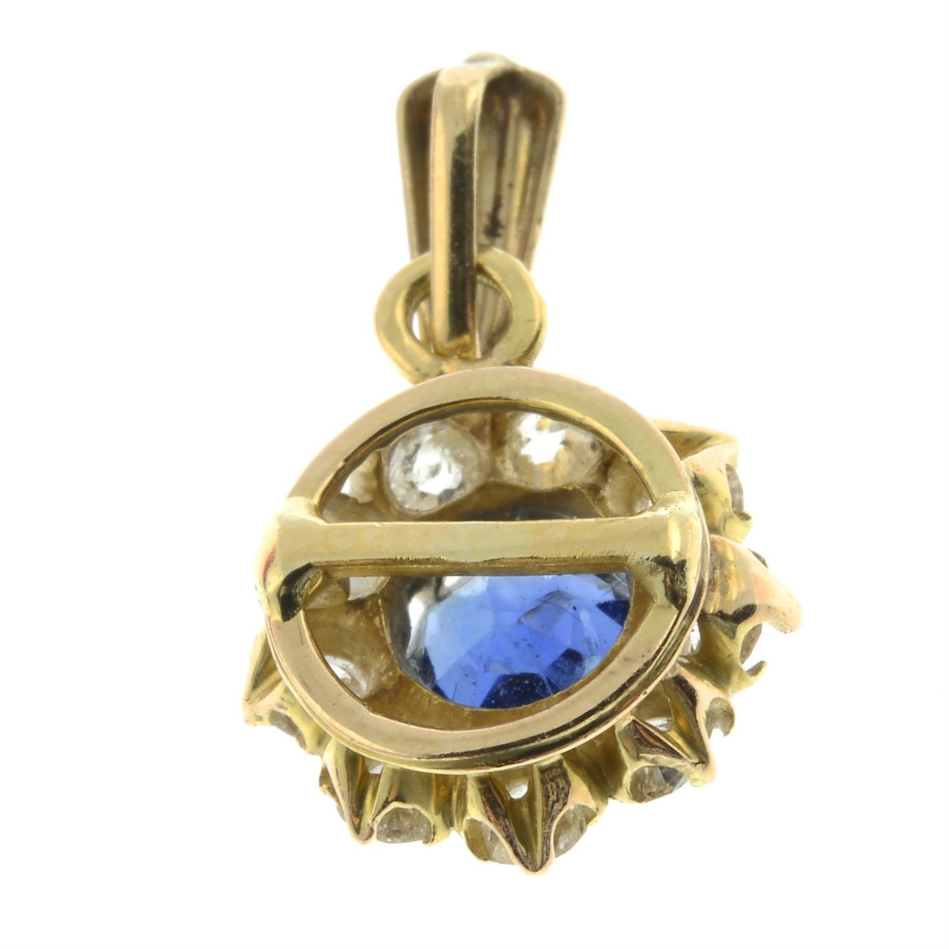 A late 19th century 15ct gold sapphire and old-cut diamond ring head, later mounted as a pendant. - Image 3 of 4