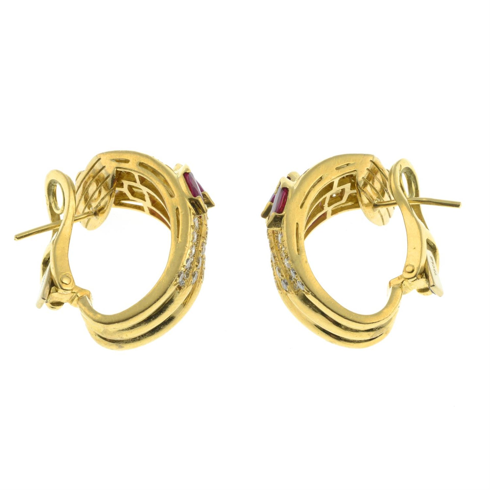 A pair of ruby and brilliant-cut diamond hoop earrings. - Image 3 of 3