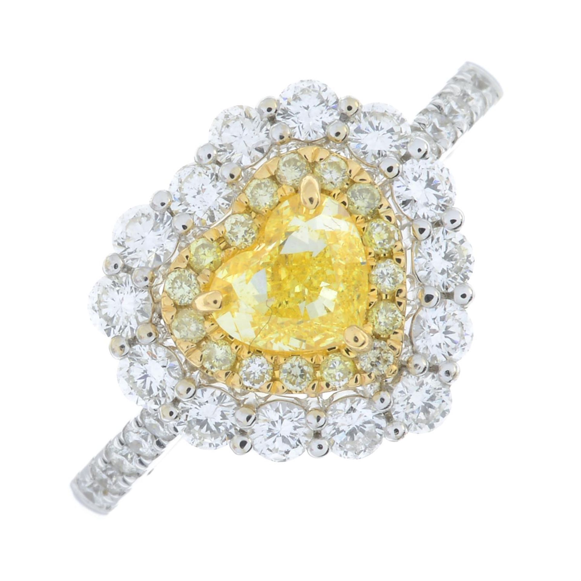 An 18ct gold Fancy Intense Yellow heart-shape diamond, 'yellow' diamond and diamond cluster ring. - Image 2 of 6
