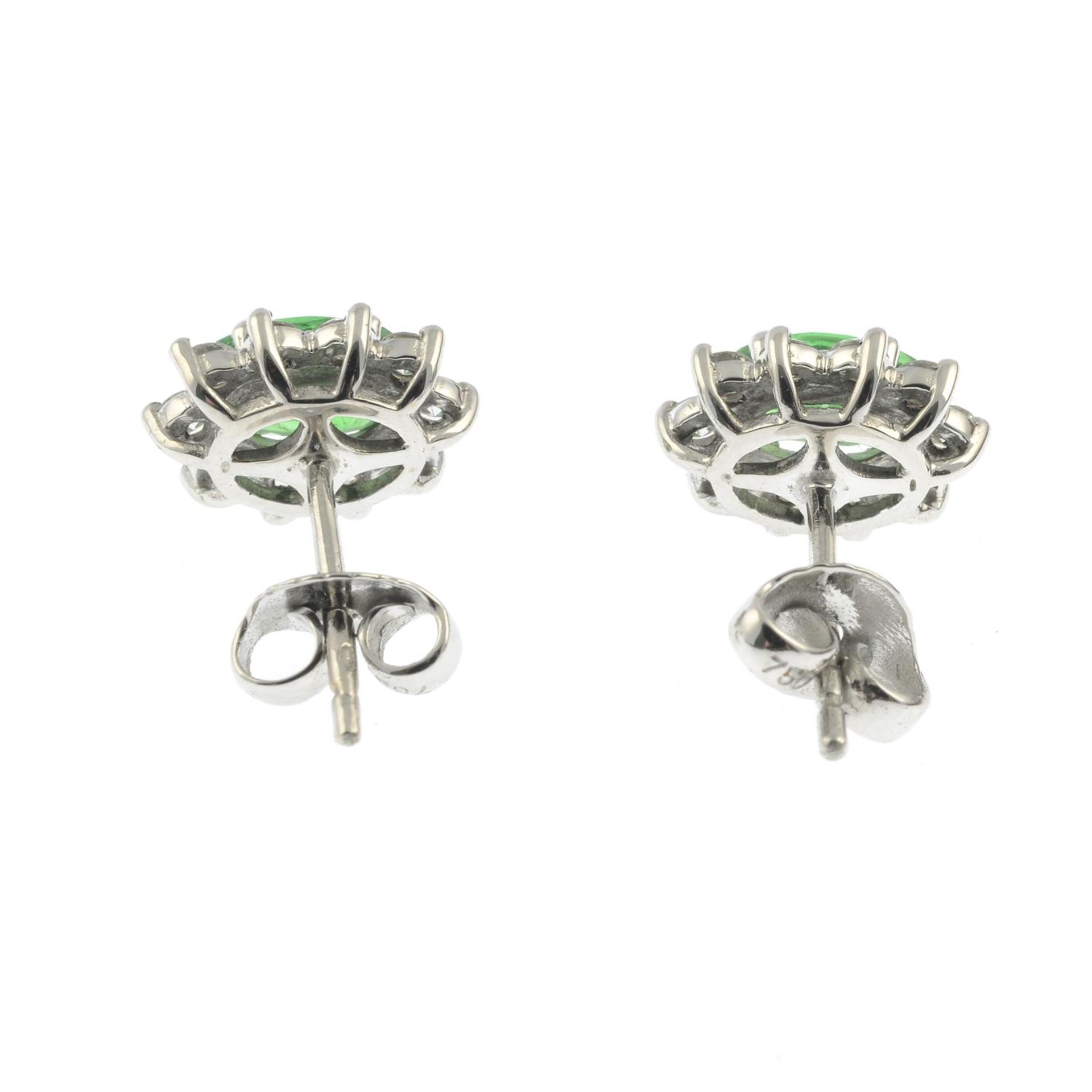 A pair of green garnet and brilliant-cut diamond cluster earrings. - Image 3 of 3