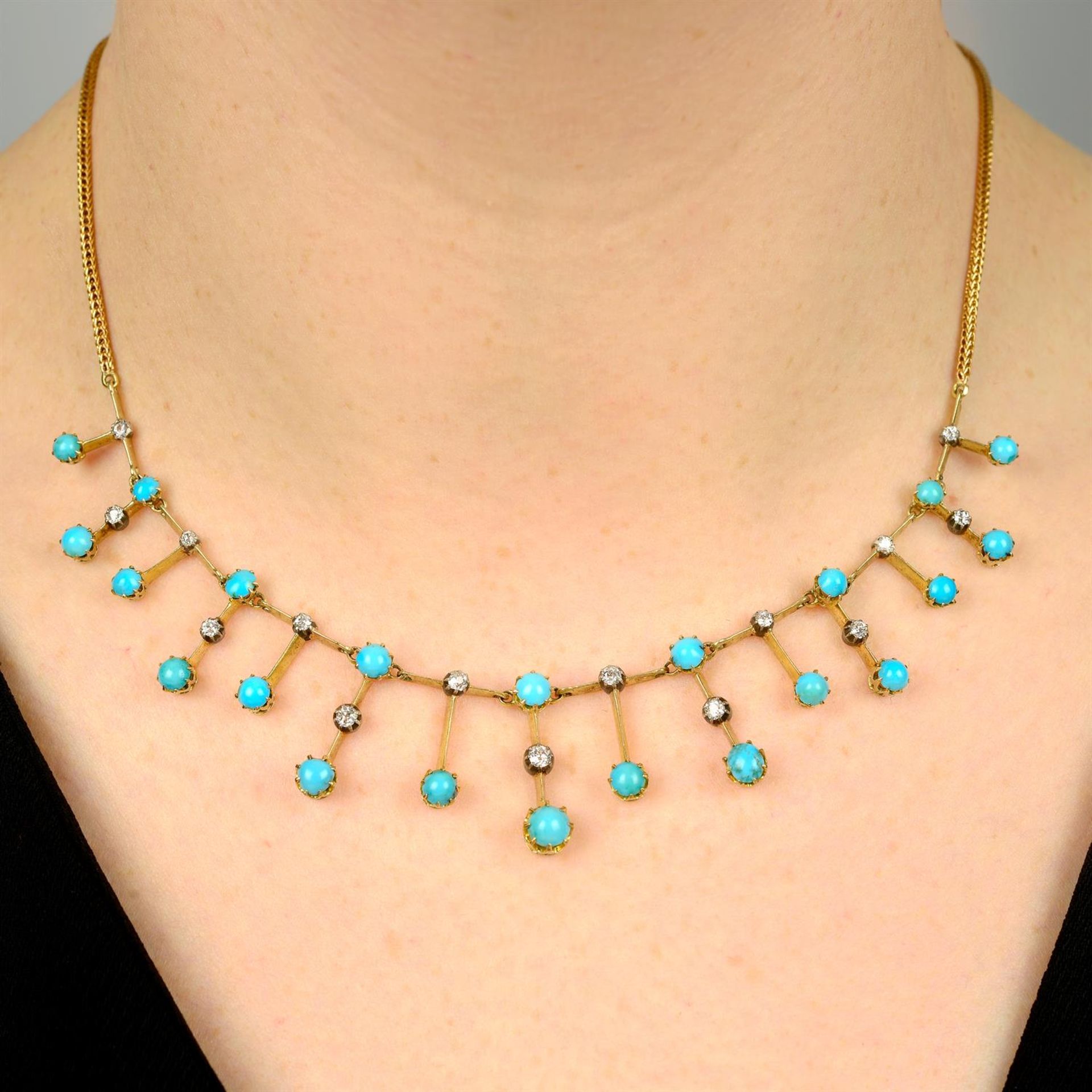 A late 19th century 14ct gold turquoise and old-cut diamond fringe necklace.