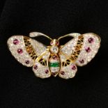 An 18ct gold pavé-set diamond, ruby and emerald cabochon butterfly brooch, with articulated wings.