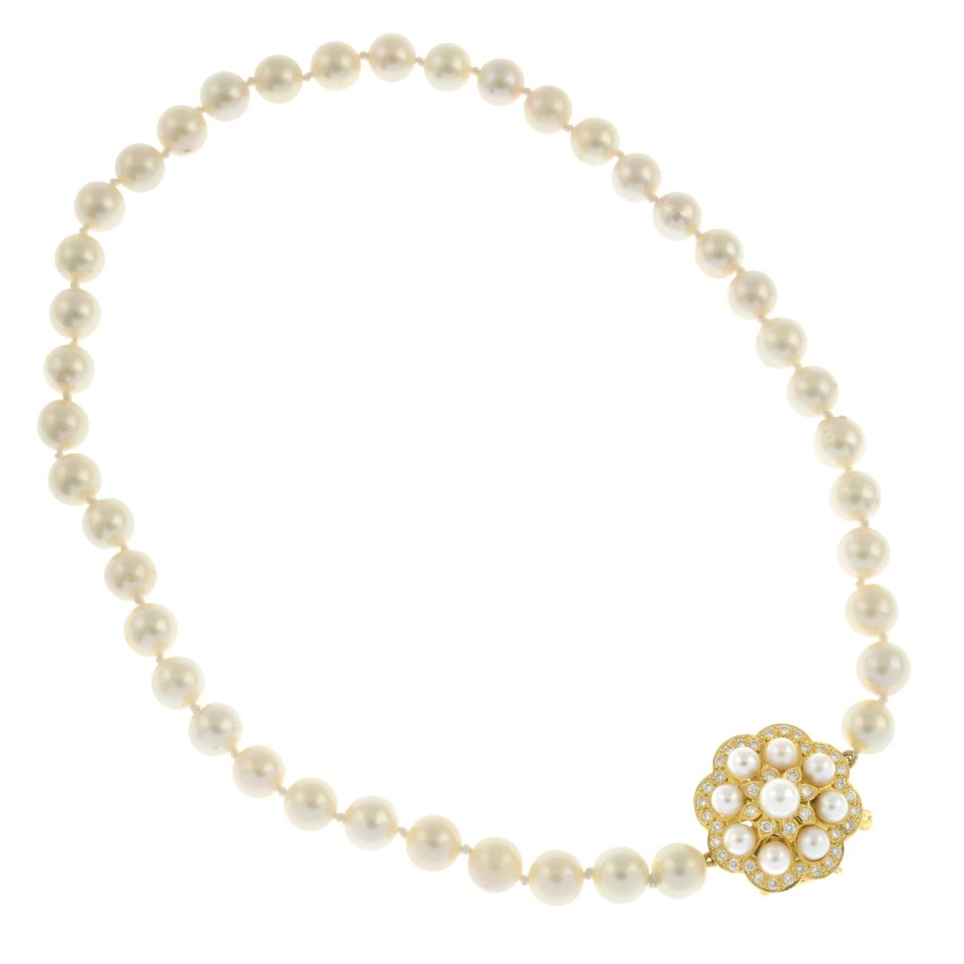 A cultured pearl single-strand necklace, on 18ct gold cultured pearl and diamond three-strand clasp. - Image 2 of 4