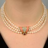 A cultured pearl three-row necklace, with diamond, coral and ruby pendant highlight.