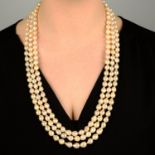 A cultured pearl three-row necklace, with mid 20th century 9ct gold amethyst and split pearl