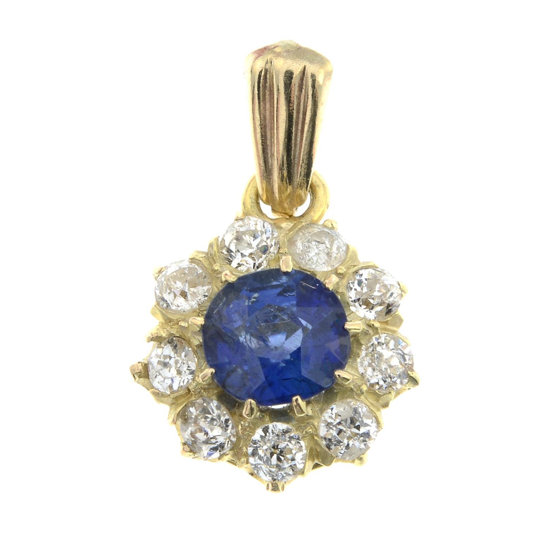 A late 19th century 15ct gold sapphire and old-cut diamond ring head, later mounted as a pendant. - Image 2 of 4