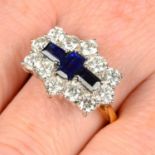 An 18ct gold sapphire three-stone and brilliant-cut diamond cluster ring.