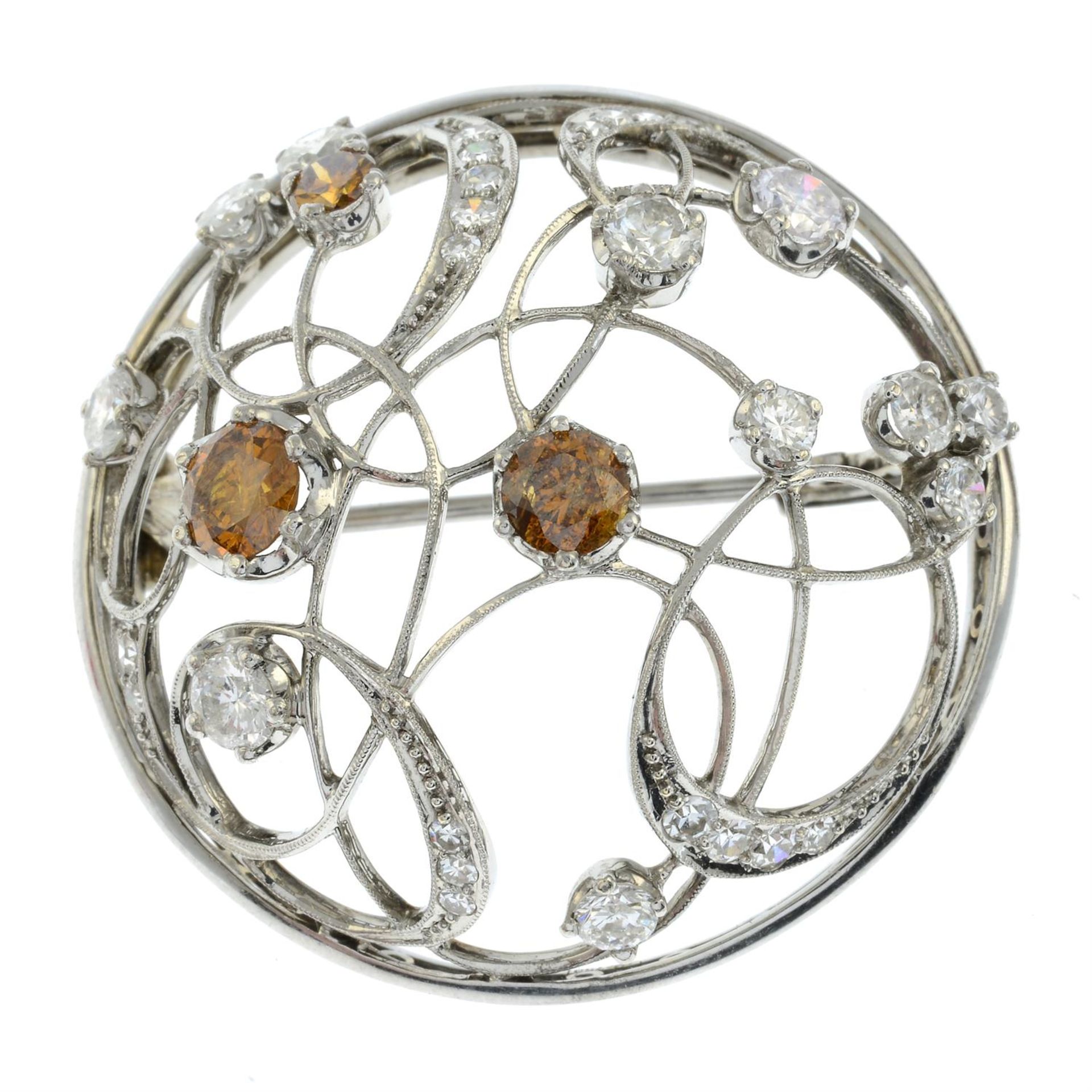 A 'brown' diamond, brilliant and single-cut diamond domed openwork brooch. - Image 2 of 4