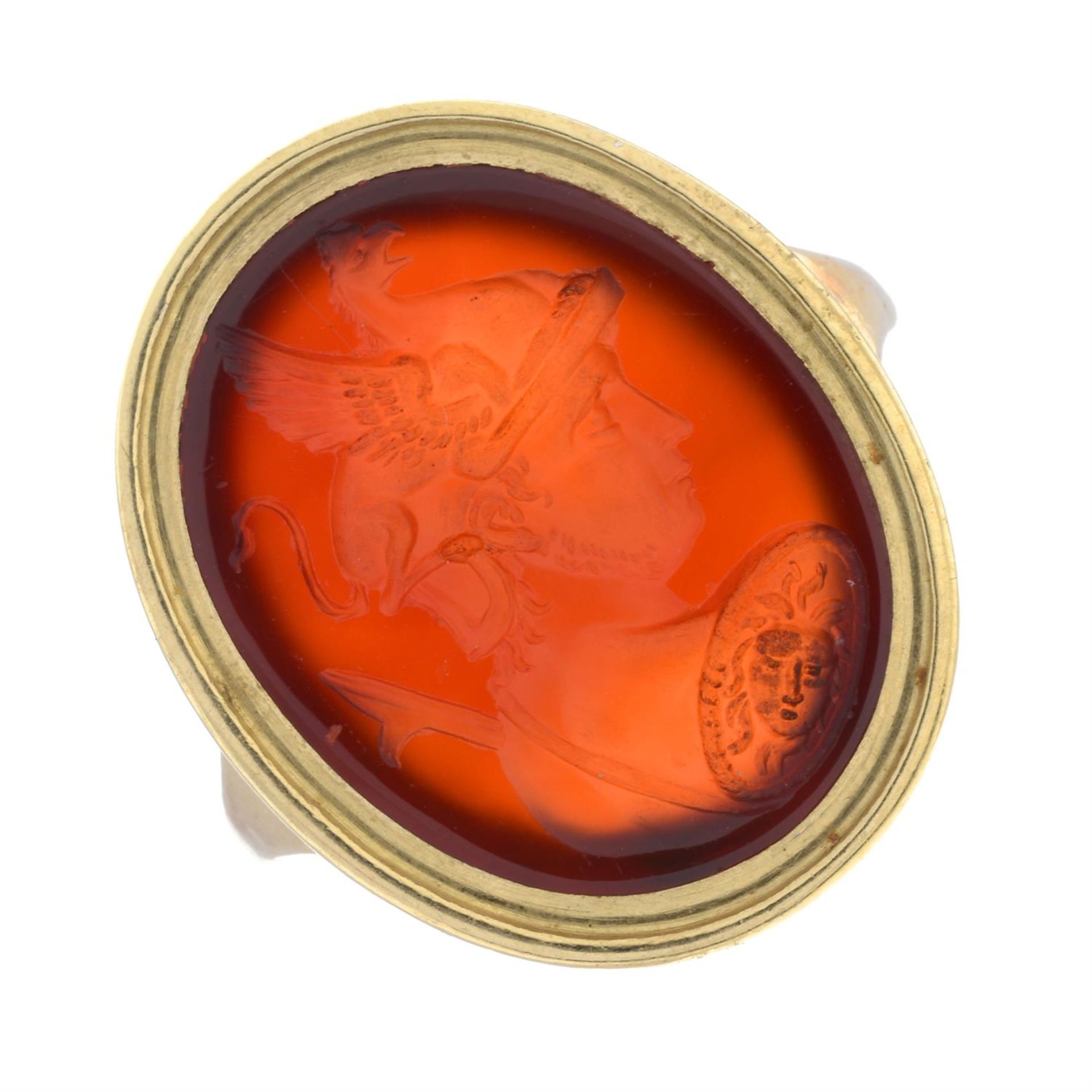 A 19th century gold carnelian intaglio ring, carved to depict Achilles. - Image 2 of 6