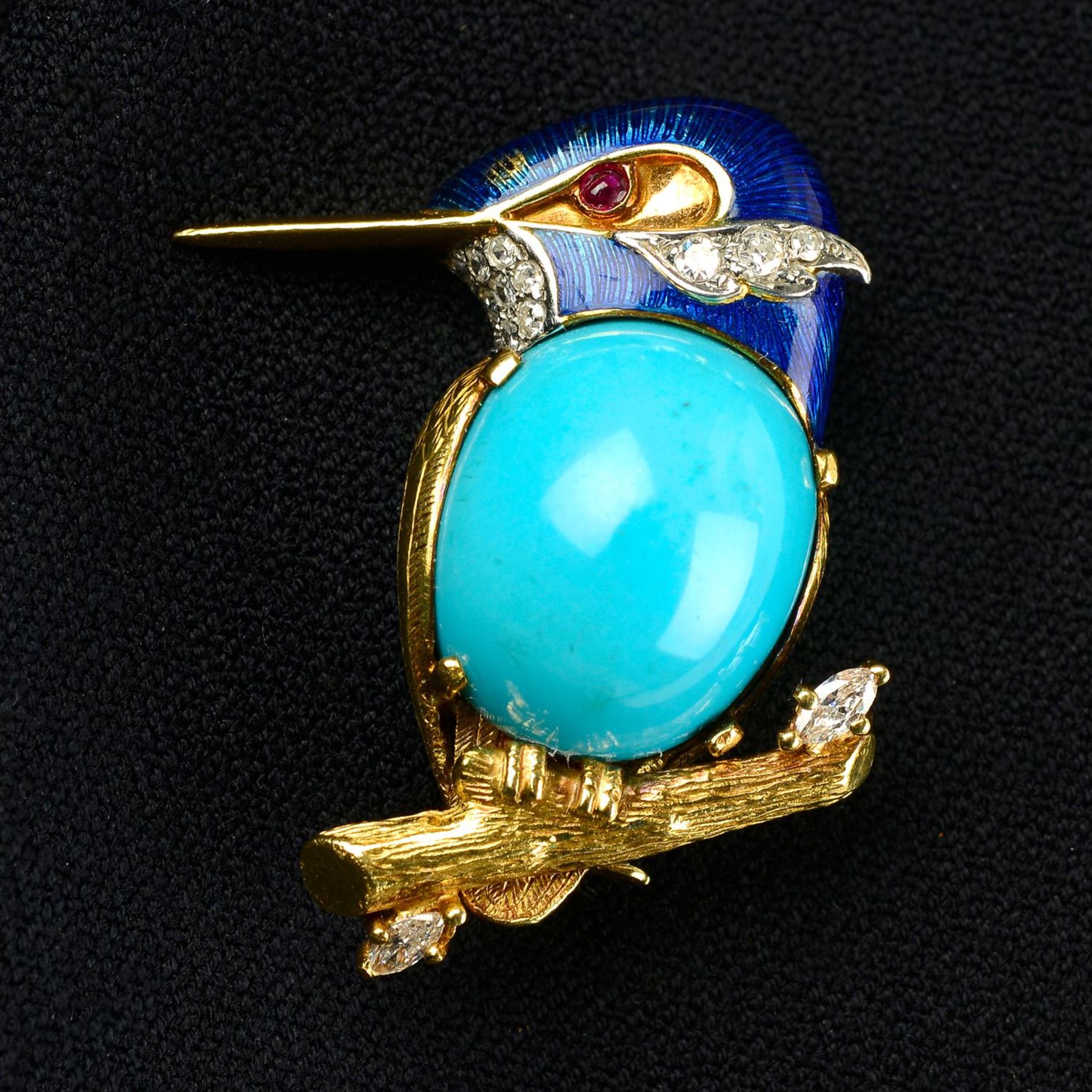 A mid 20th century 18ct gold turquoise, pavé-set diamond and blue enamel kingfisher brooch,