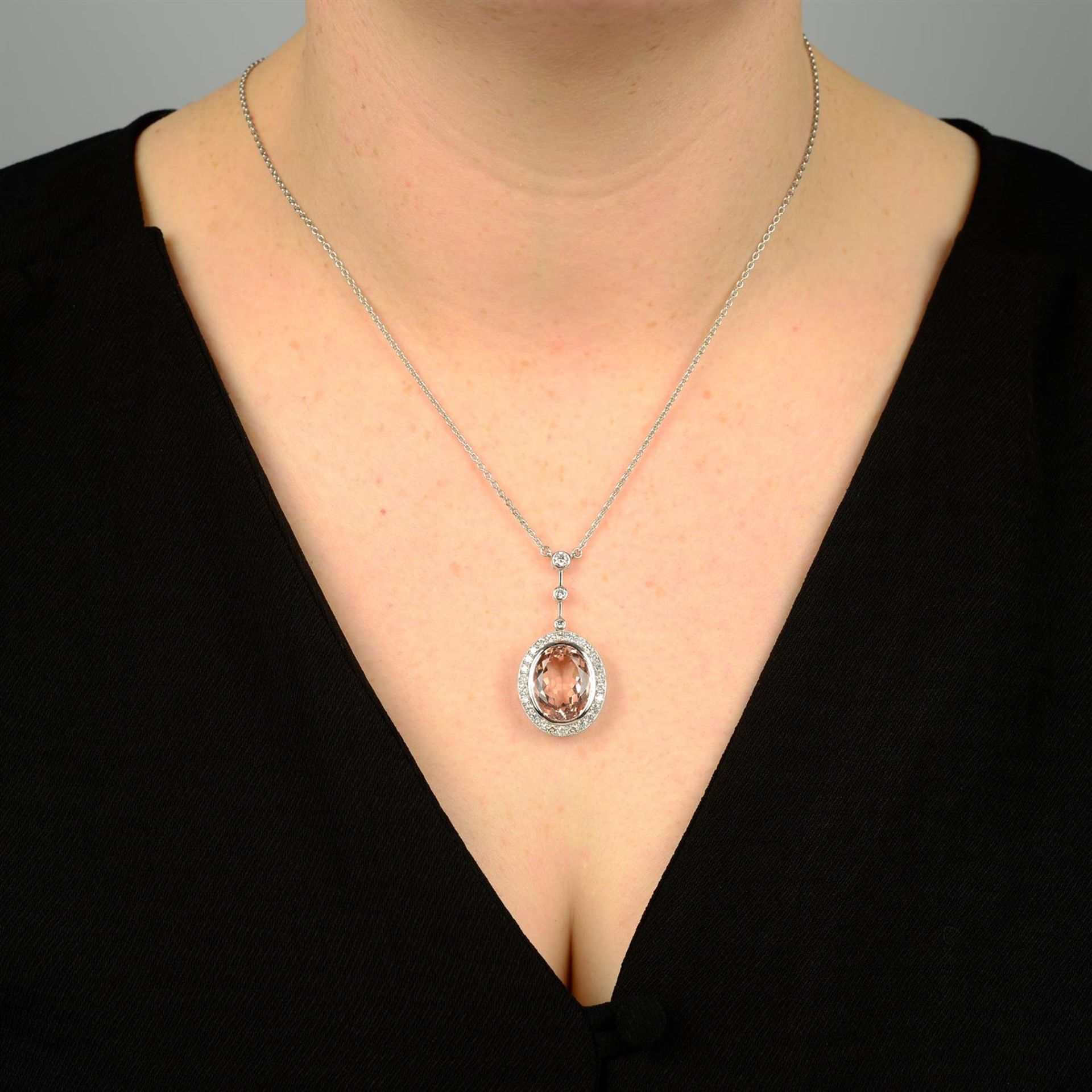 A morganite and diamond cluster pendant, on chain. - Image 5 of 5