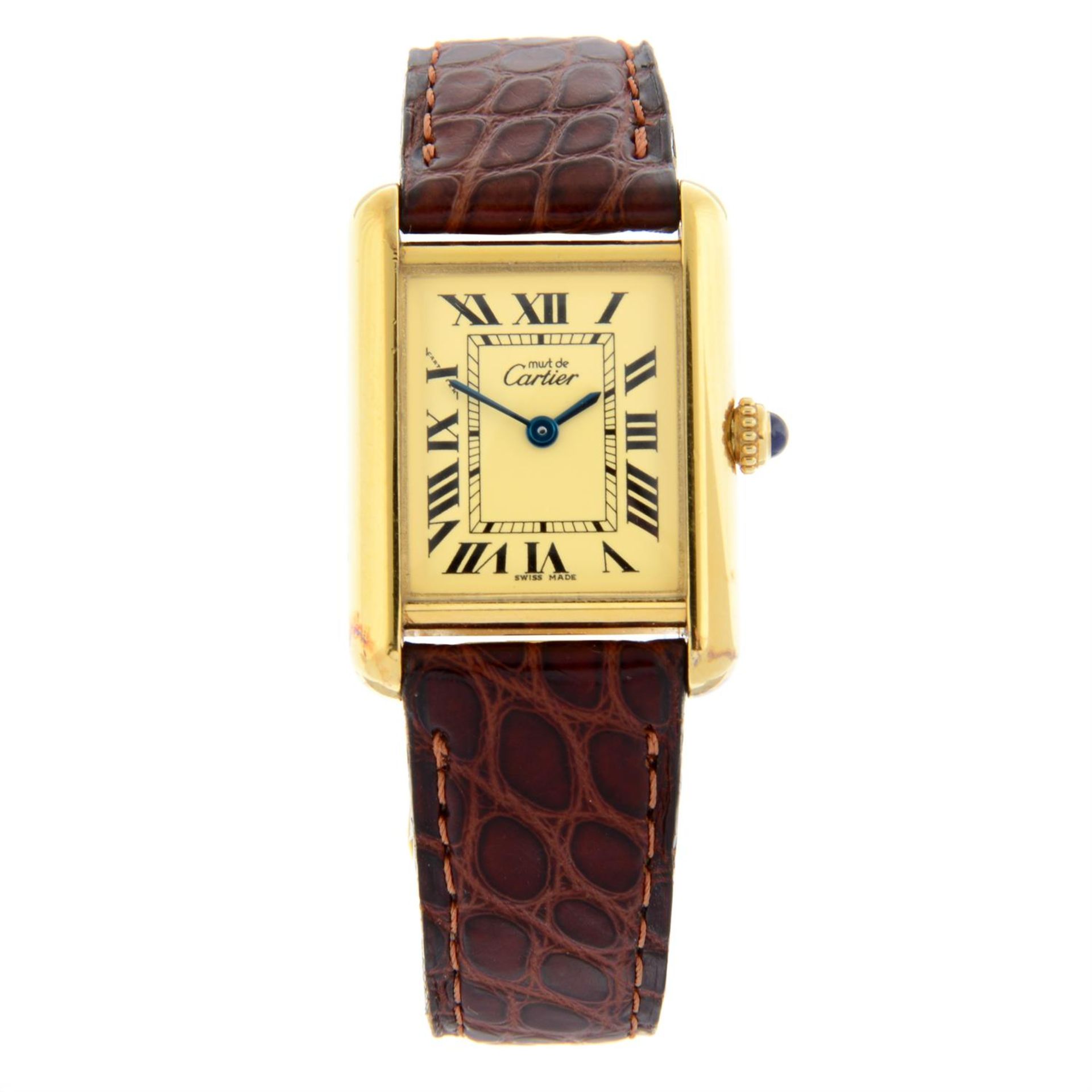 CARTIER - a gold plated silver Must De Cartier Tank wrist watch, 22x22mm.