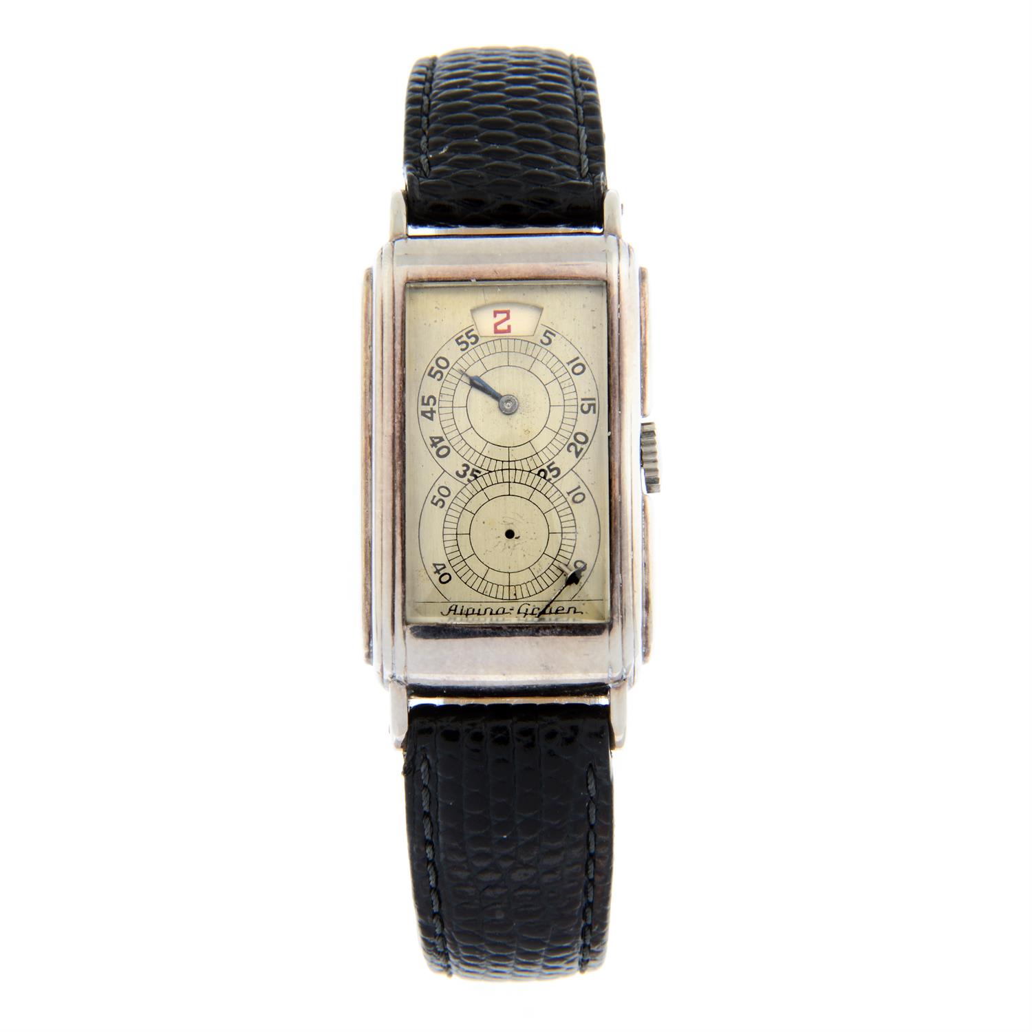 ALPINA-GRUEN - a white metal jump hour wrist watch, 20x36mm.