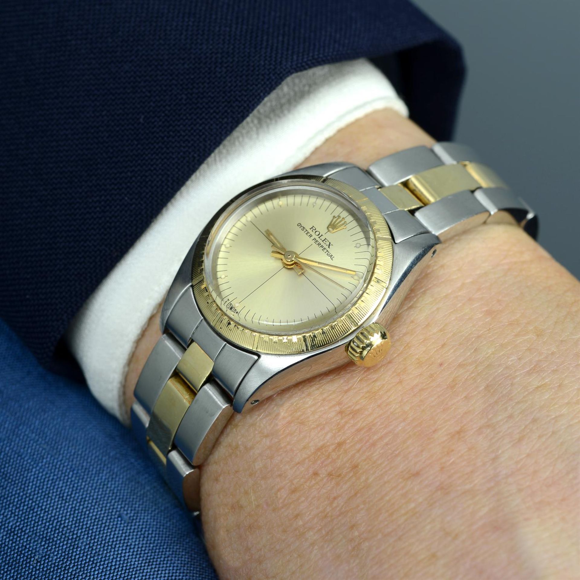 ROLEX - a bi-metal Oyster Perpetual 'Zephyr' bracelet watch, 25mm. - Image 5 of 5
