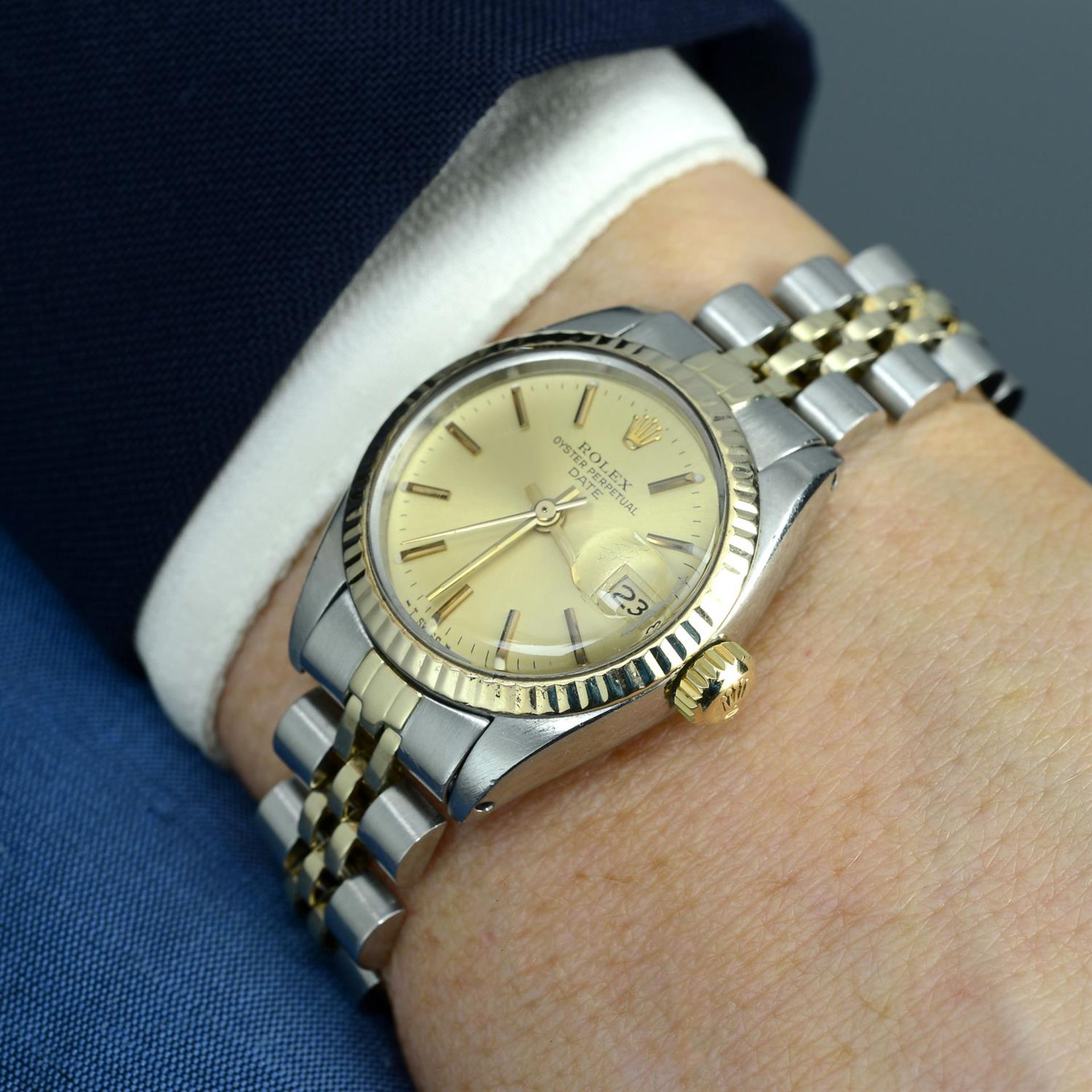 ROLEX - a bi-metal Oyster Perpetual Date bracelet watch, 26mm. - Image 5 of 5