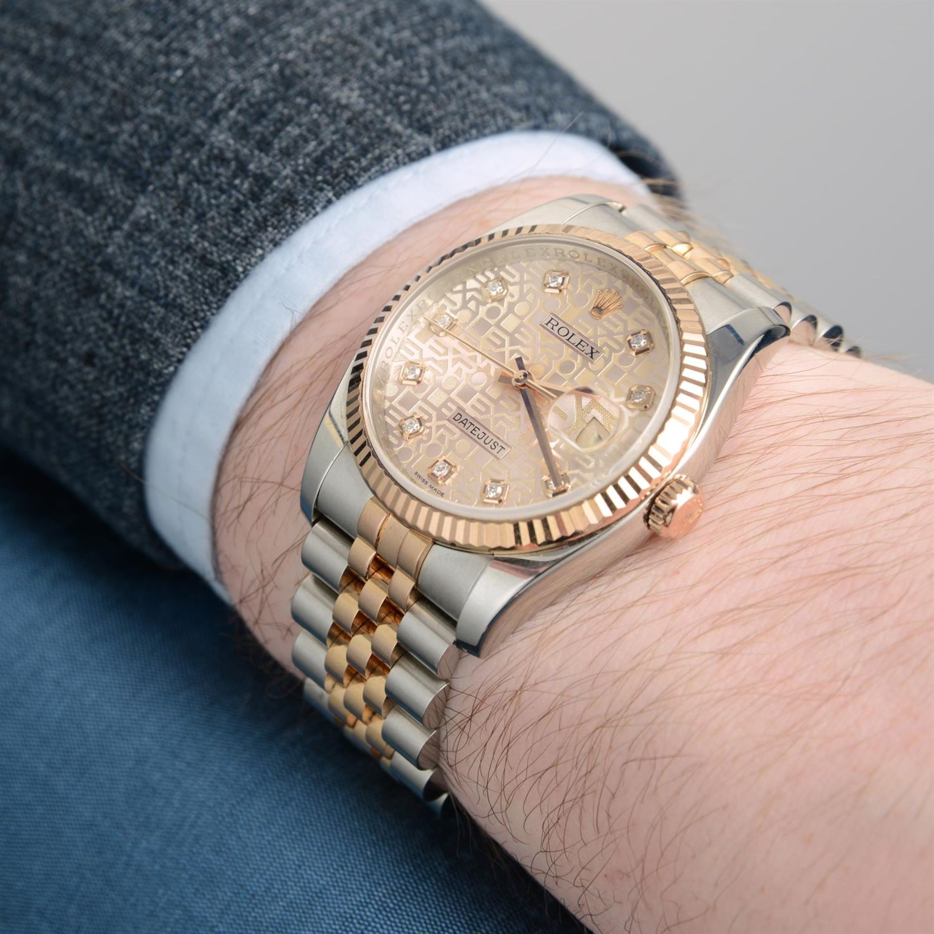 ROLEX - a bi-metal Oyster Perpetual Datejust bracelet watch, 36mm. - Image 6 of 6