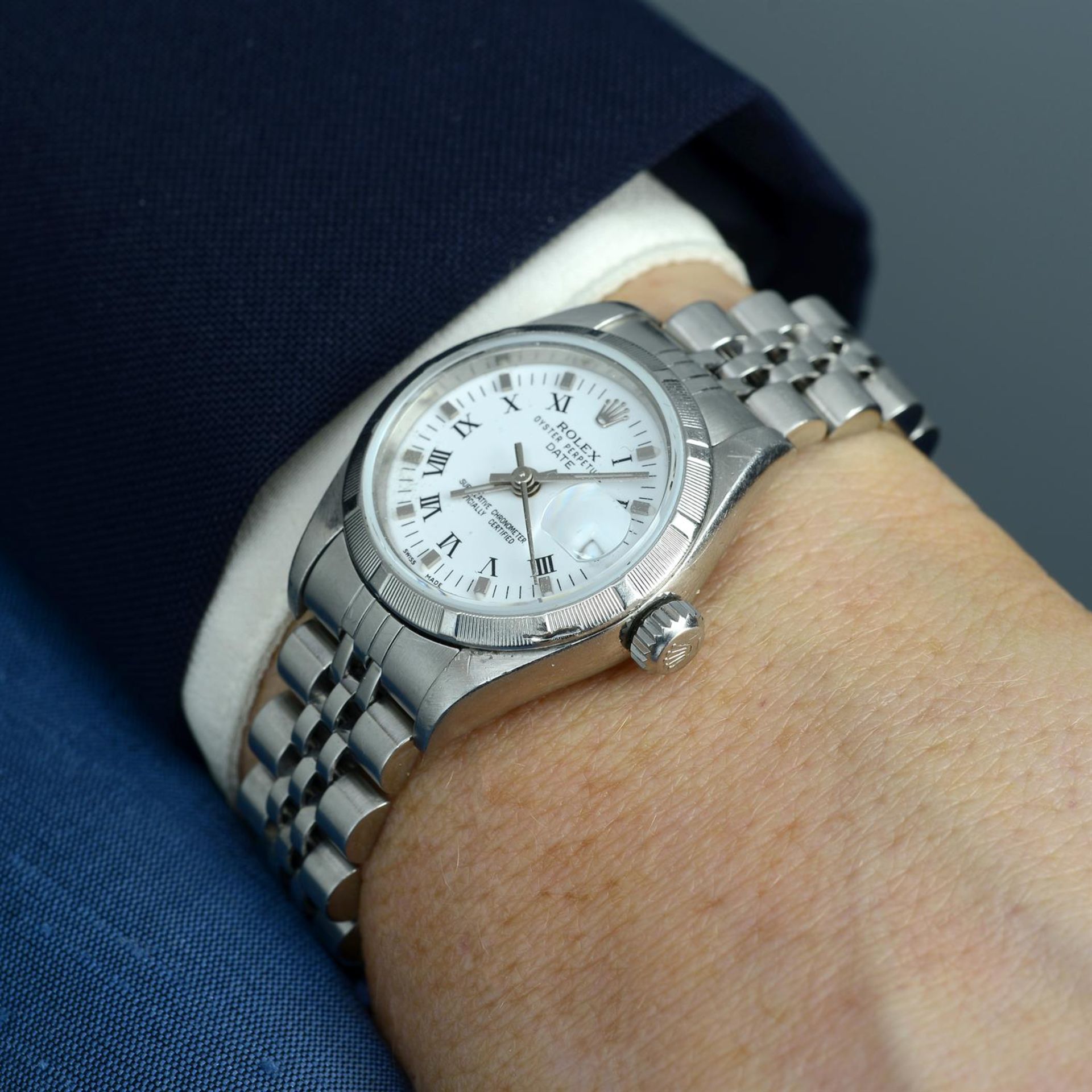 ROLEX - a stainless steel Oyster Perpetual Date bracelet watch, 25mm. - Image 5 of 5