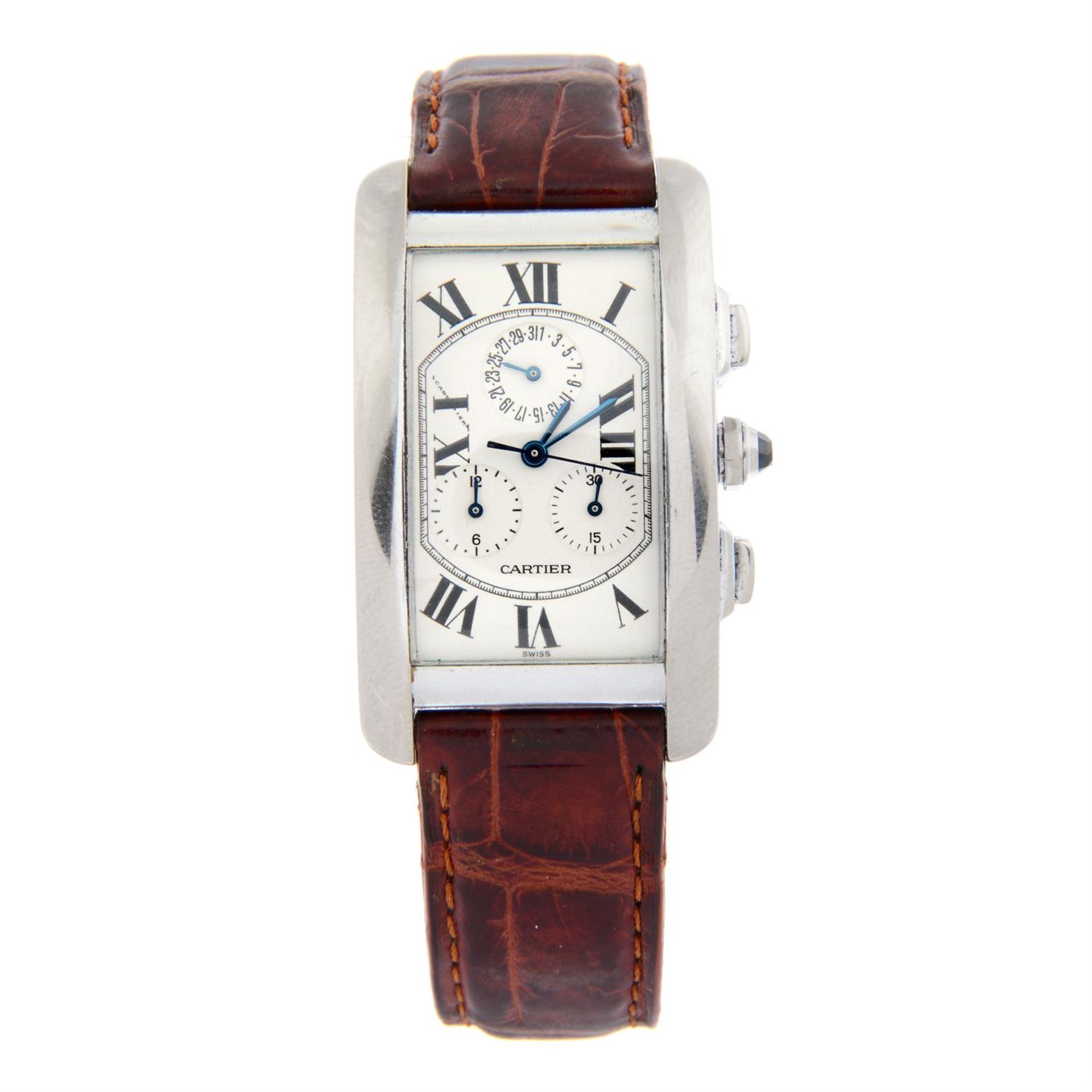 CARTIER - an 18ct white gold Tank Americaine chronograph wrist watch, 26mm.